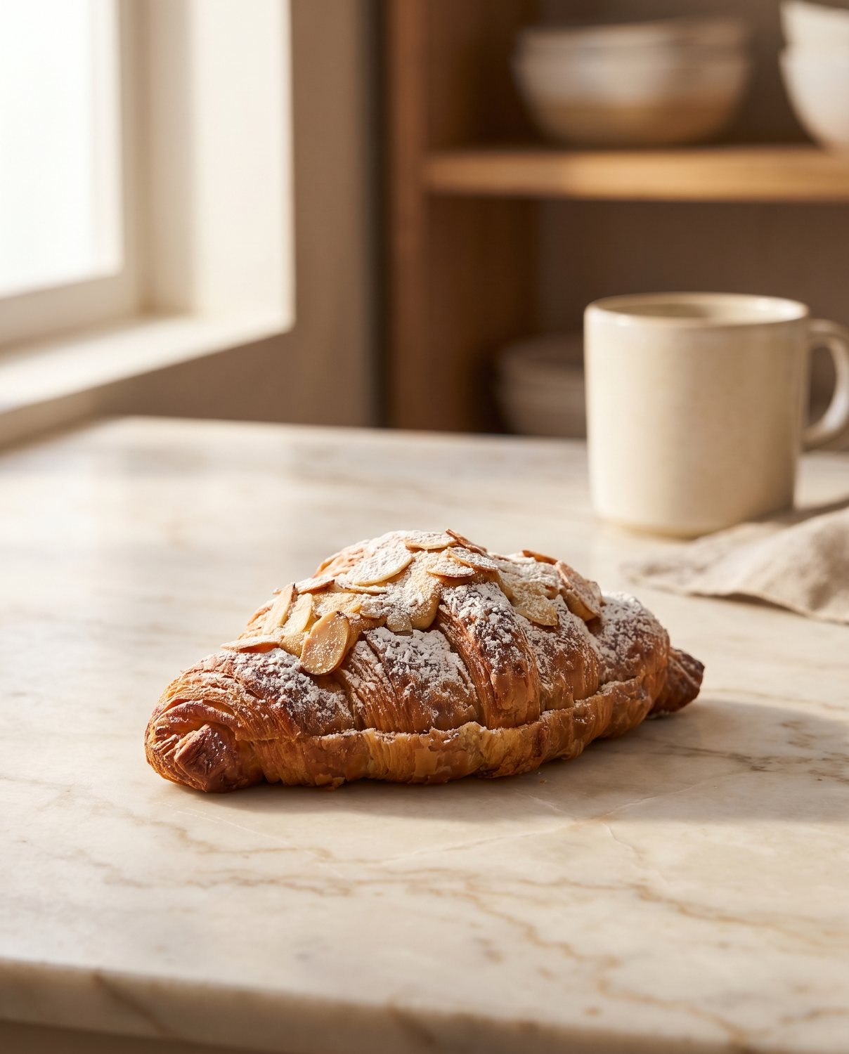 Almond croissant dusted with icing sugar