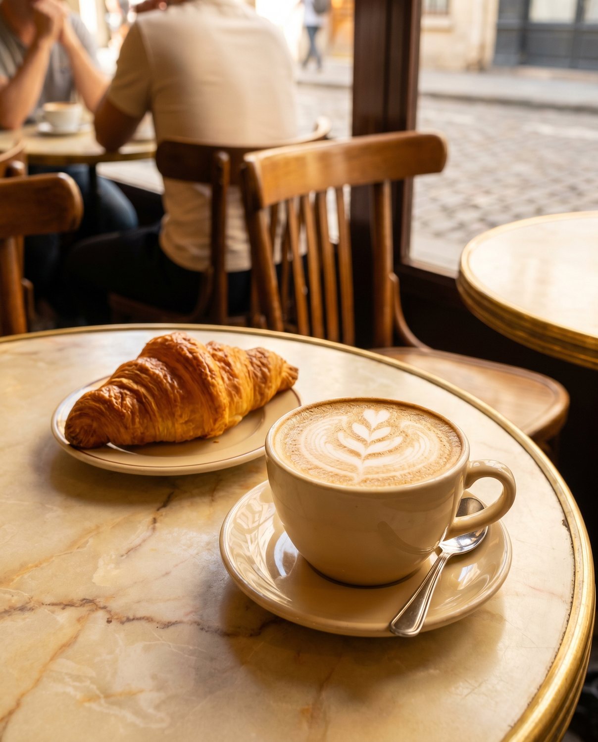Cappuccino with latte art beside a pastry