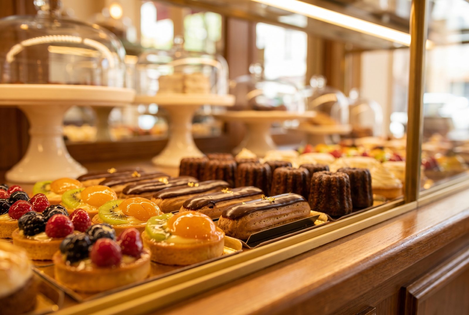 A glowing patisserie case full of fresh pastries