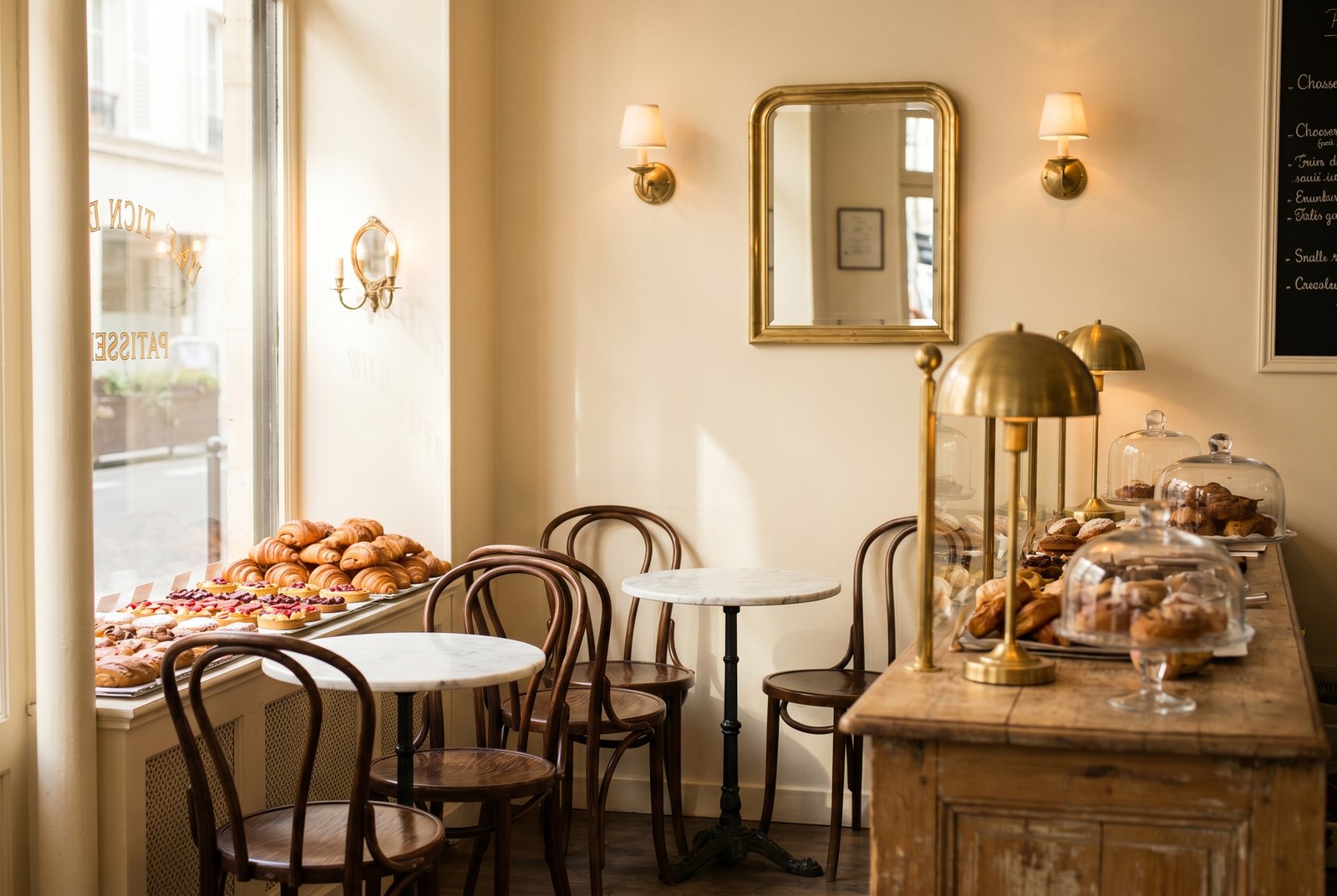 Inside Mirabelle - marble tables and a pastry-filled window