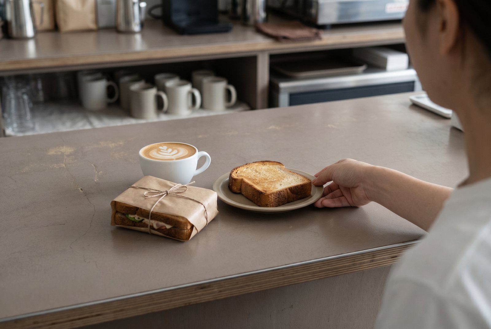 A plain counter with a flat white and a sandwich