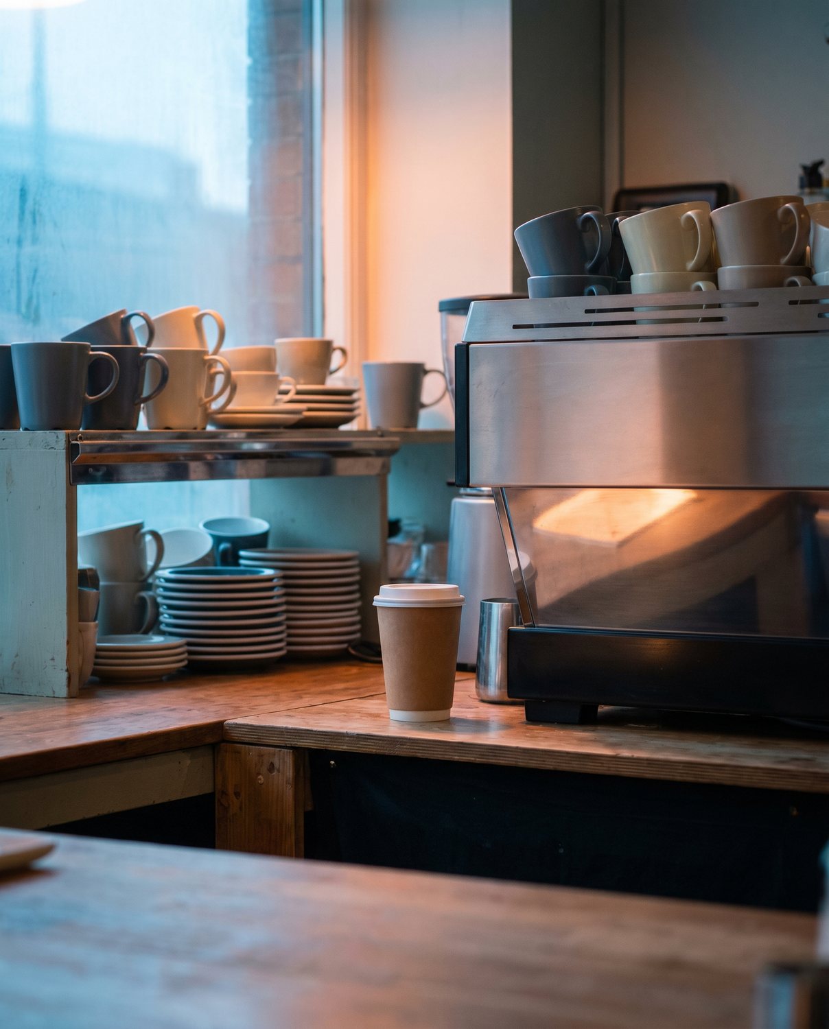 A calm counter at dawn with a single cup of coffee