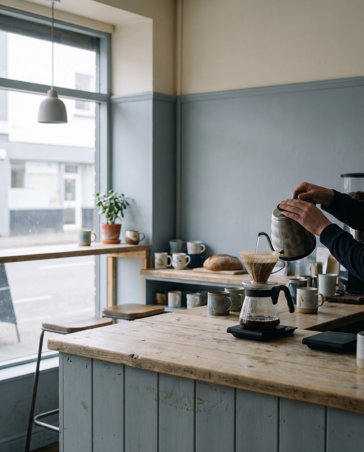 A pour-over filter coffee in soft morning light