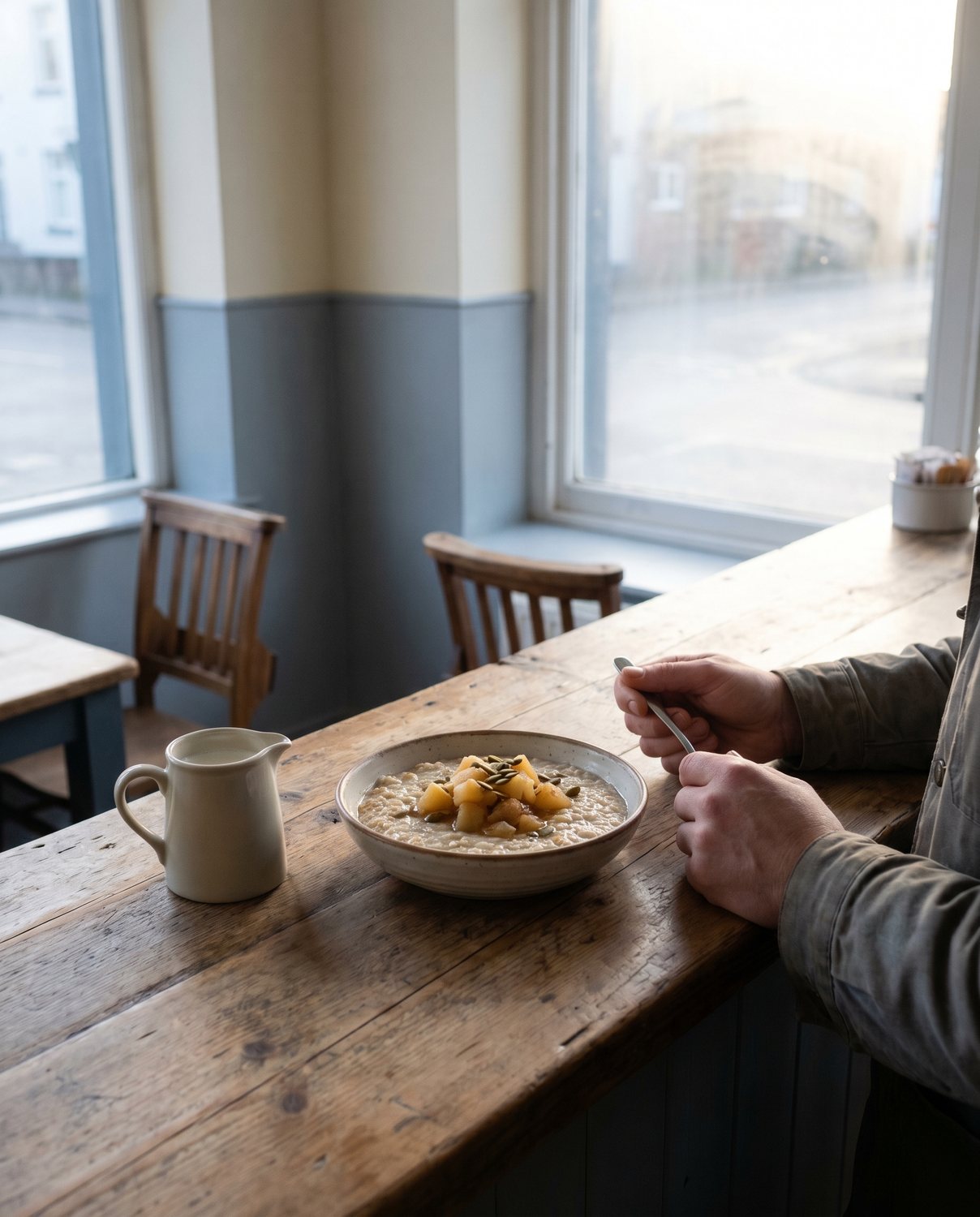 A bowl of oat porridge with stewed apple