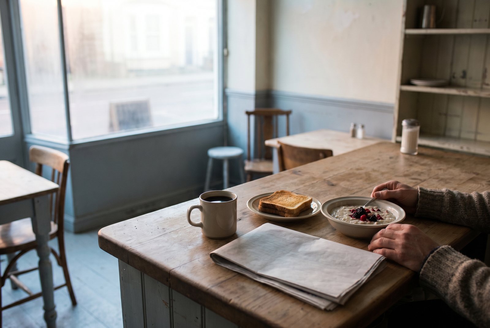 A calm morning spread of filter coffee, toast and porridge