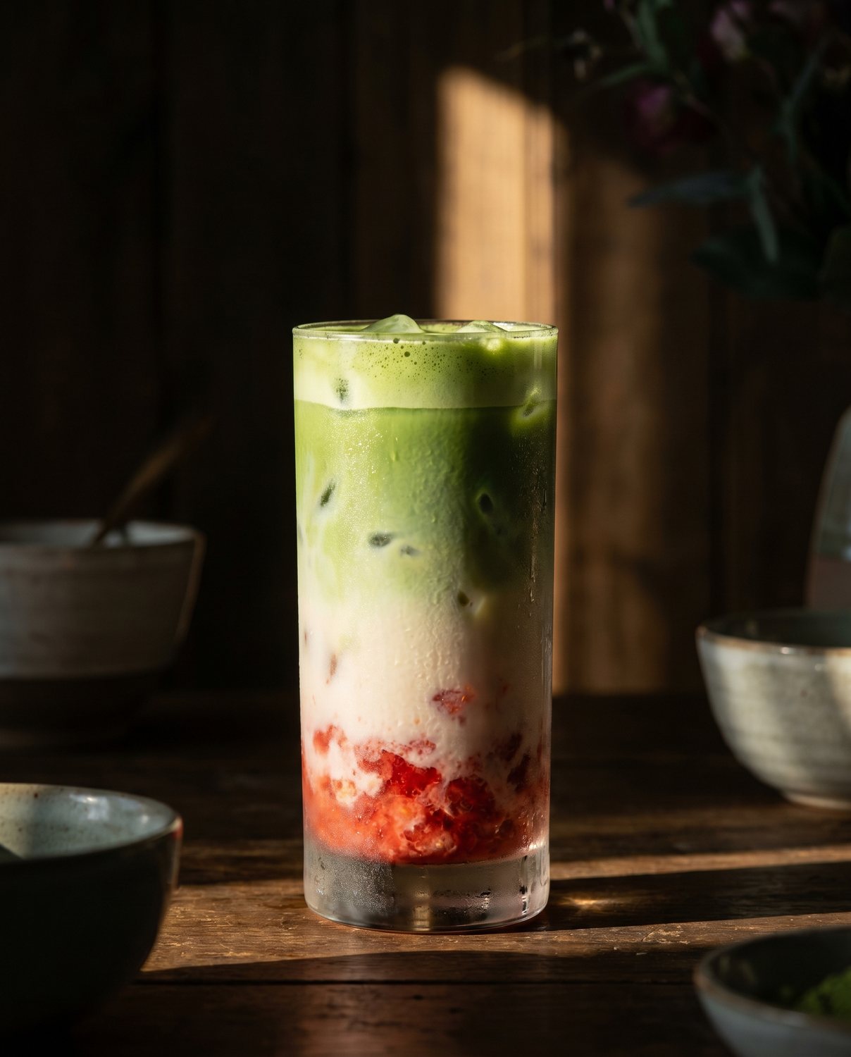 Iced strawberry matcha in a glass