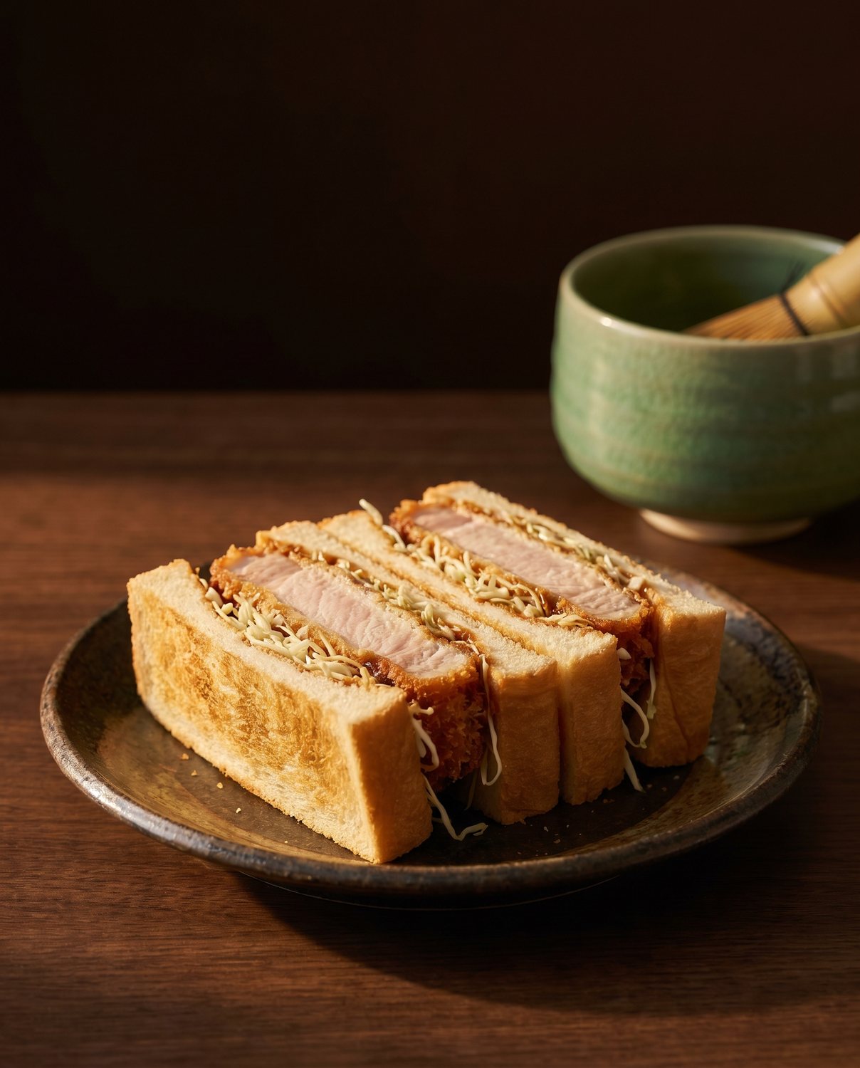 Katsu sando cut to show panko chicken and cabbage