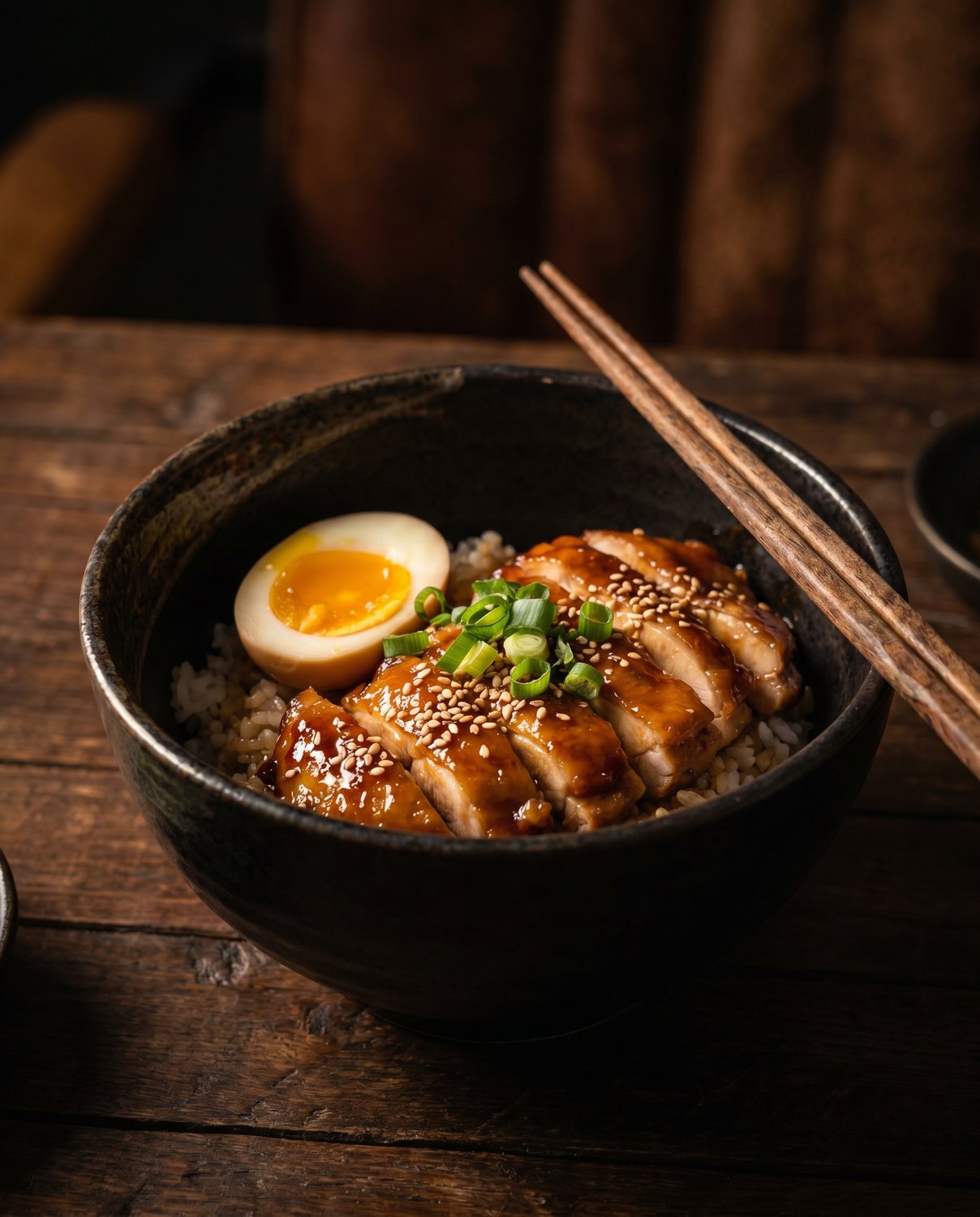 Teriyaki chicken donburi with rice and soft egg