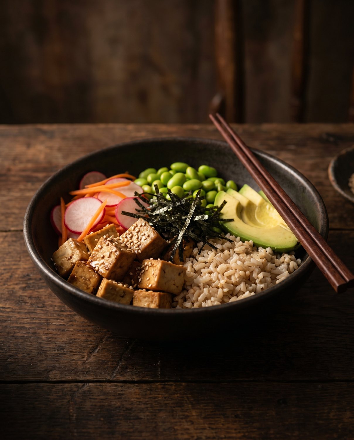 Sesame tofu poke bowl with rice and pickles