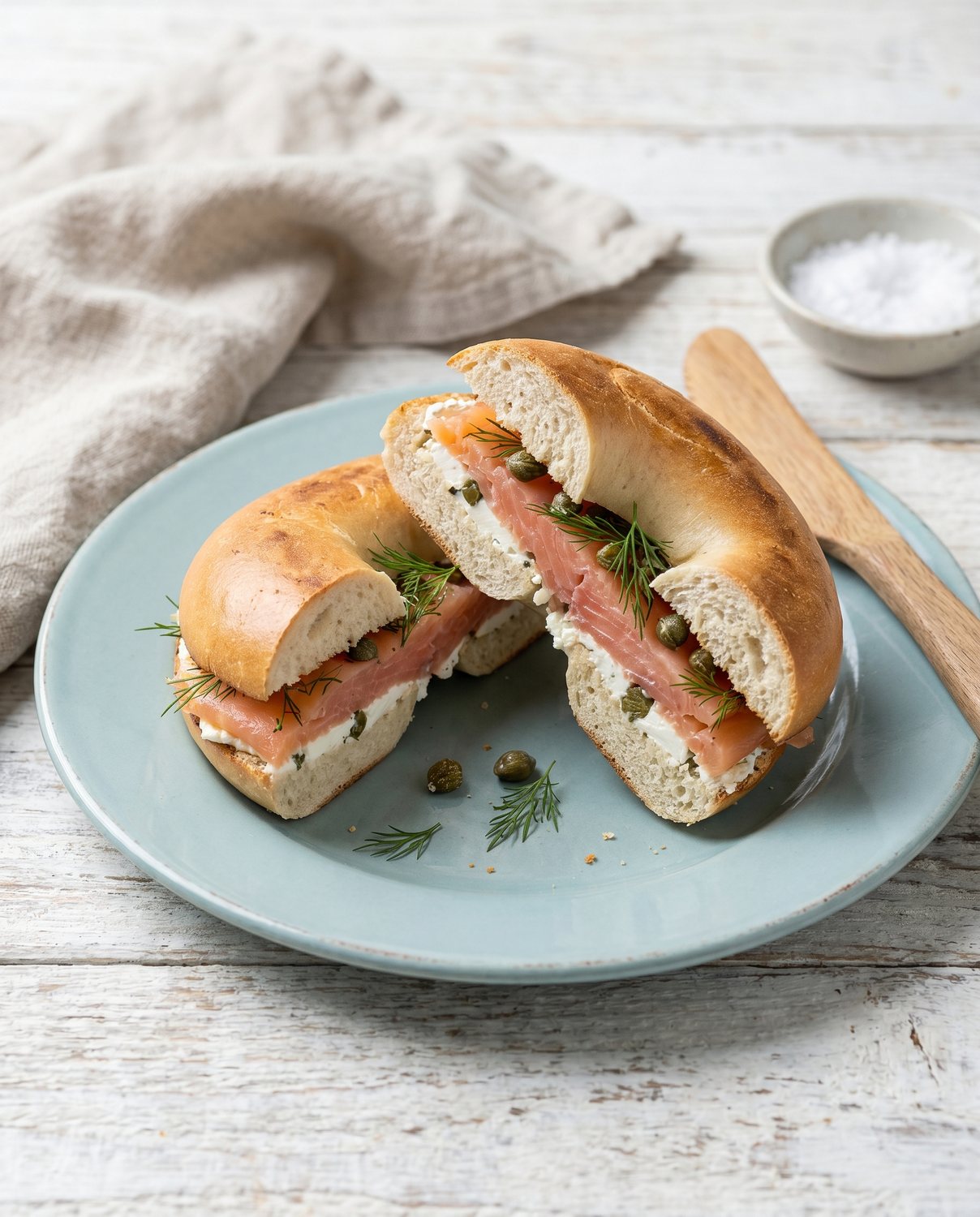 Smoked salmon bagel cut in half