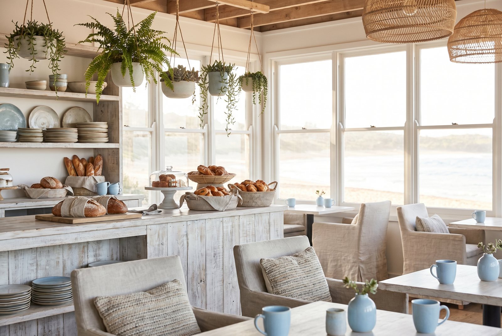 The bright cafe counter and interior
