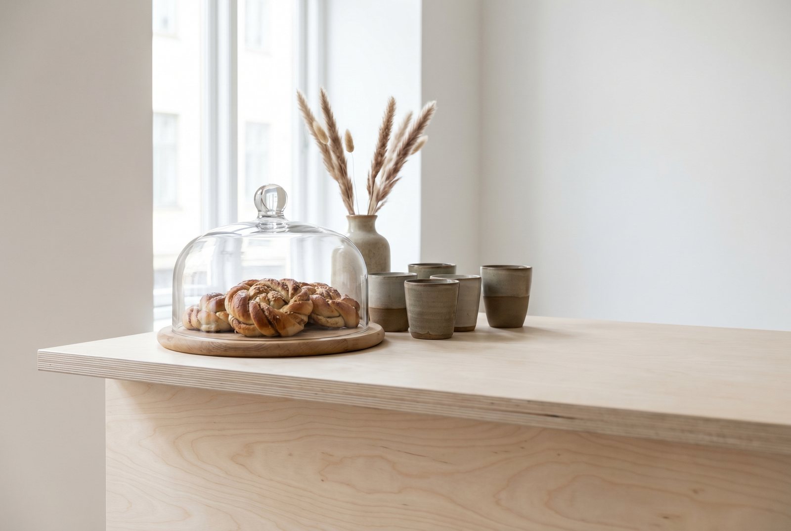 The light Scandinavian cafe counter with blonde wood