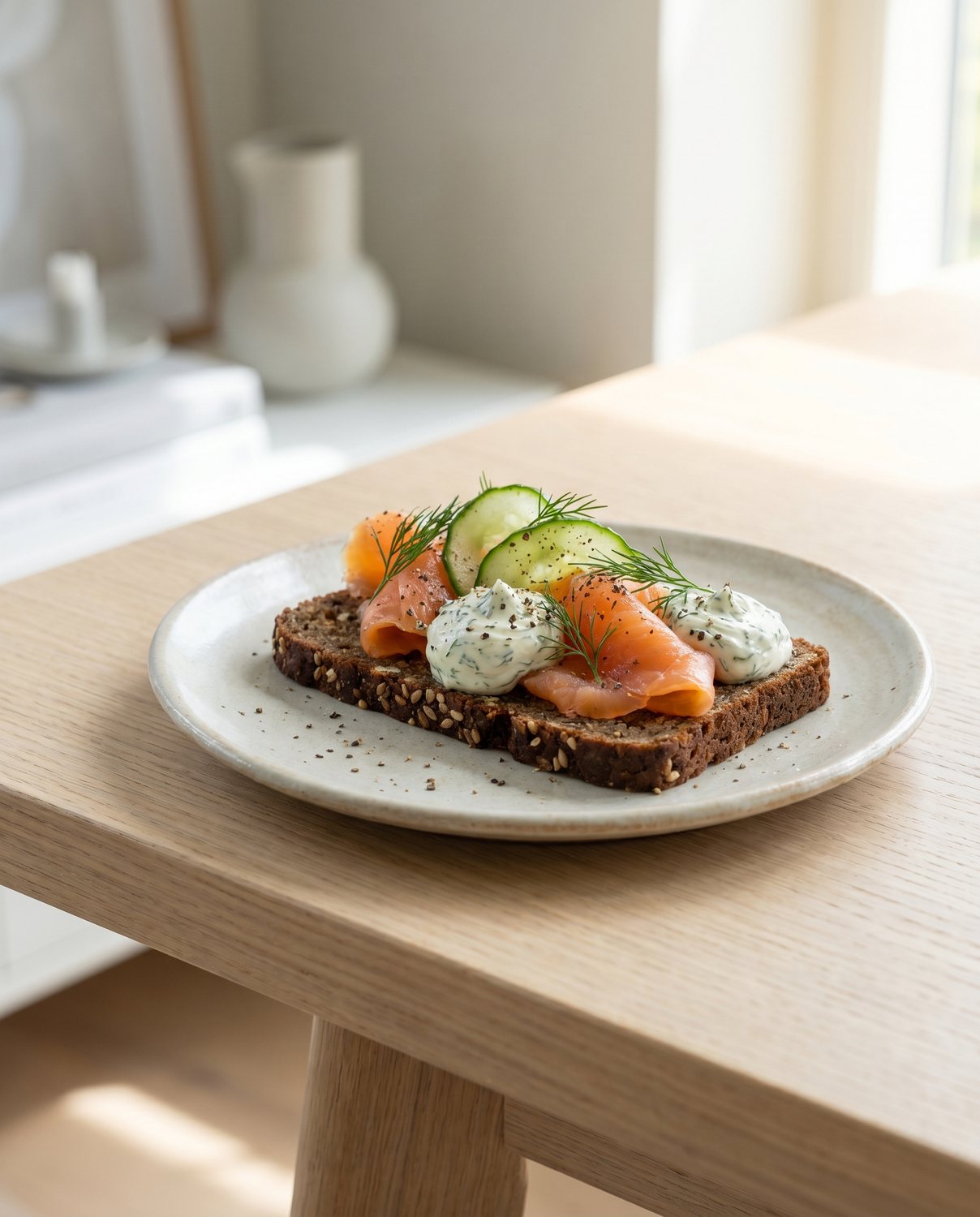 An open rye sandwich with cured salmon and dill