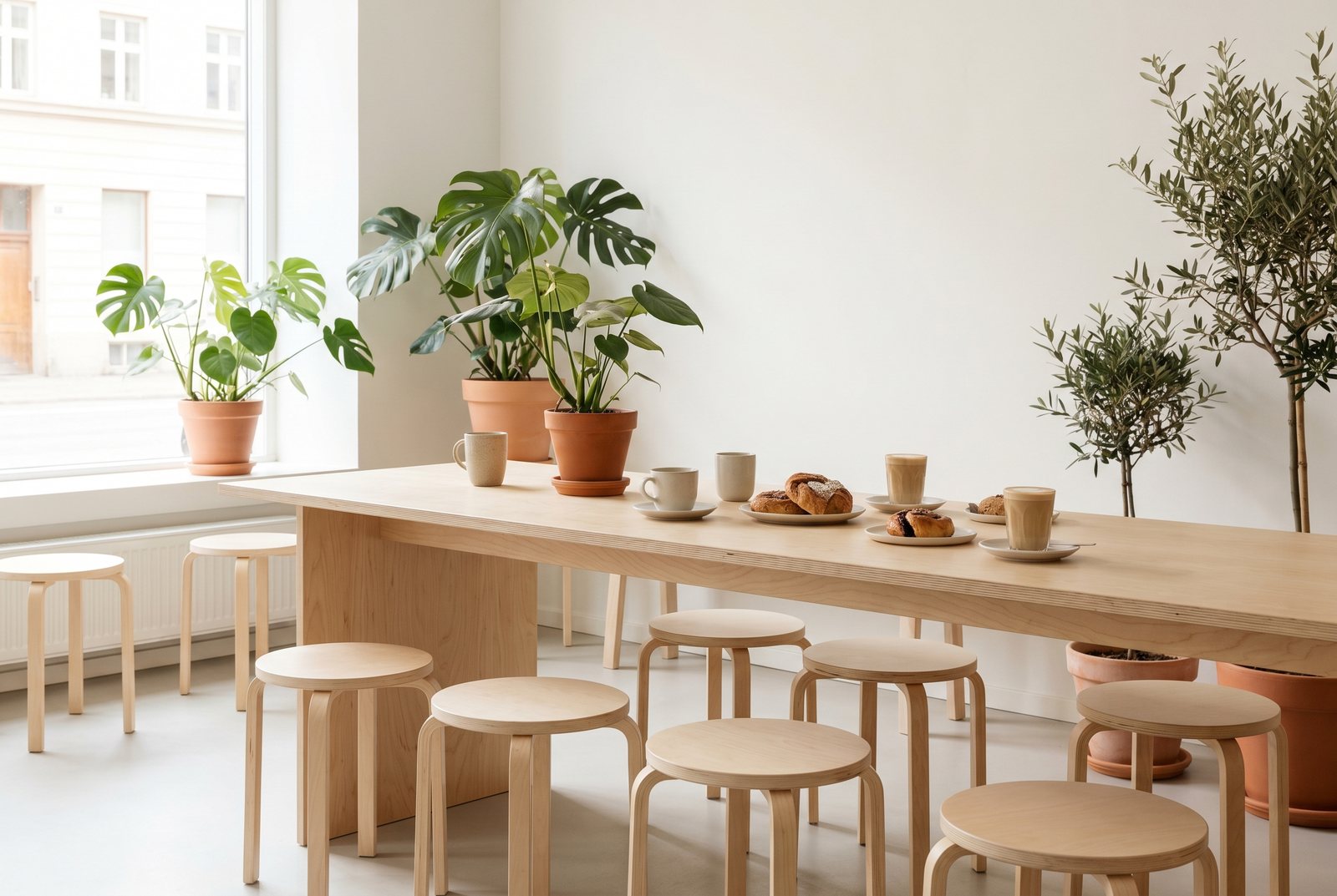 A light, calm Scandinavian cafe interior with blonde wood and plants