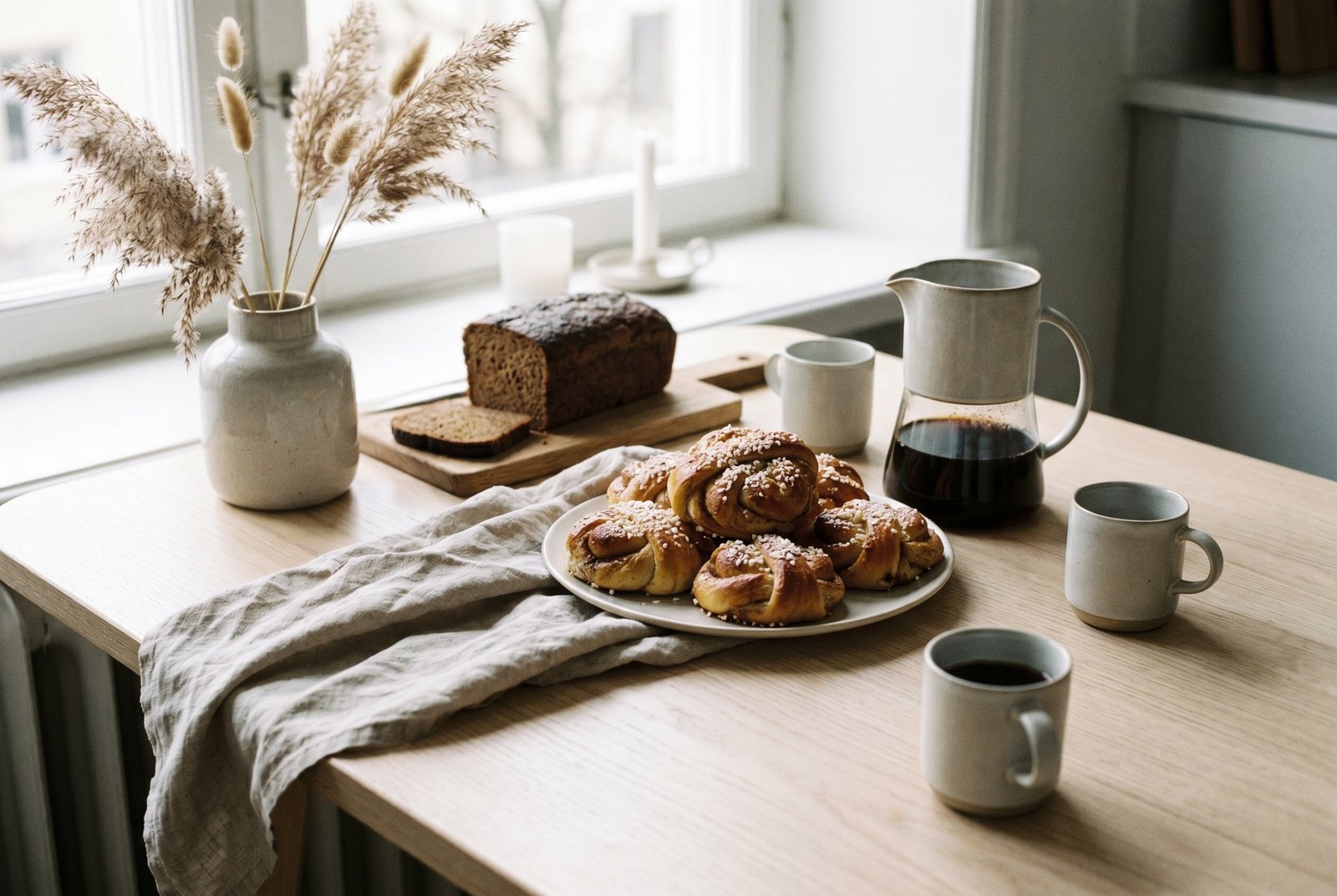 A Scandinavian fika spread of buns and coffee on blonde wood