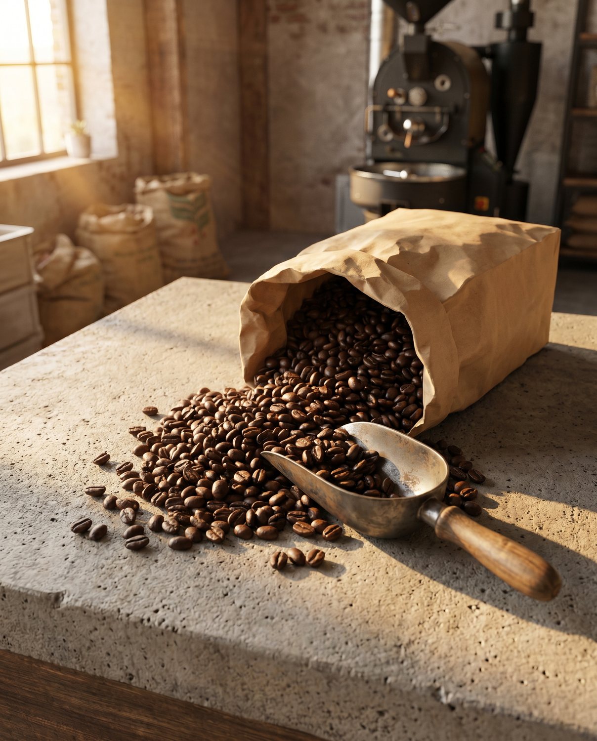Fresh roasted coffee beans in a kraft bag