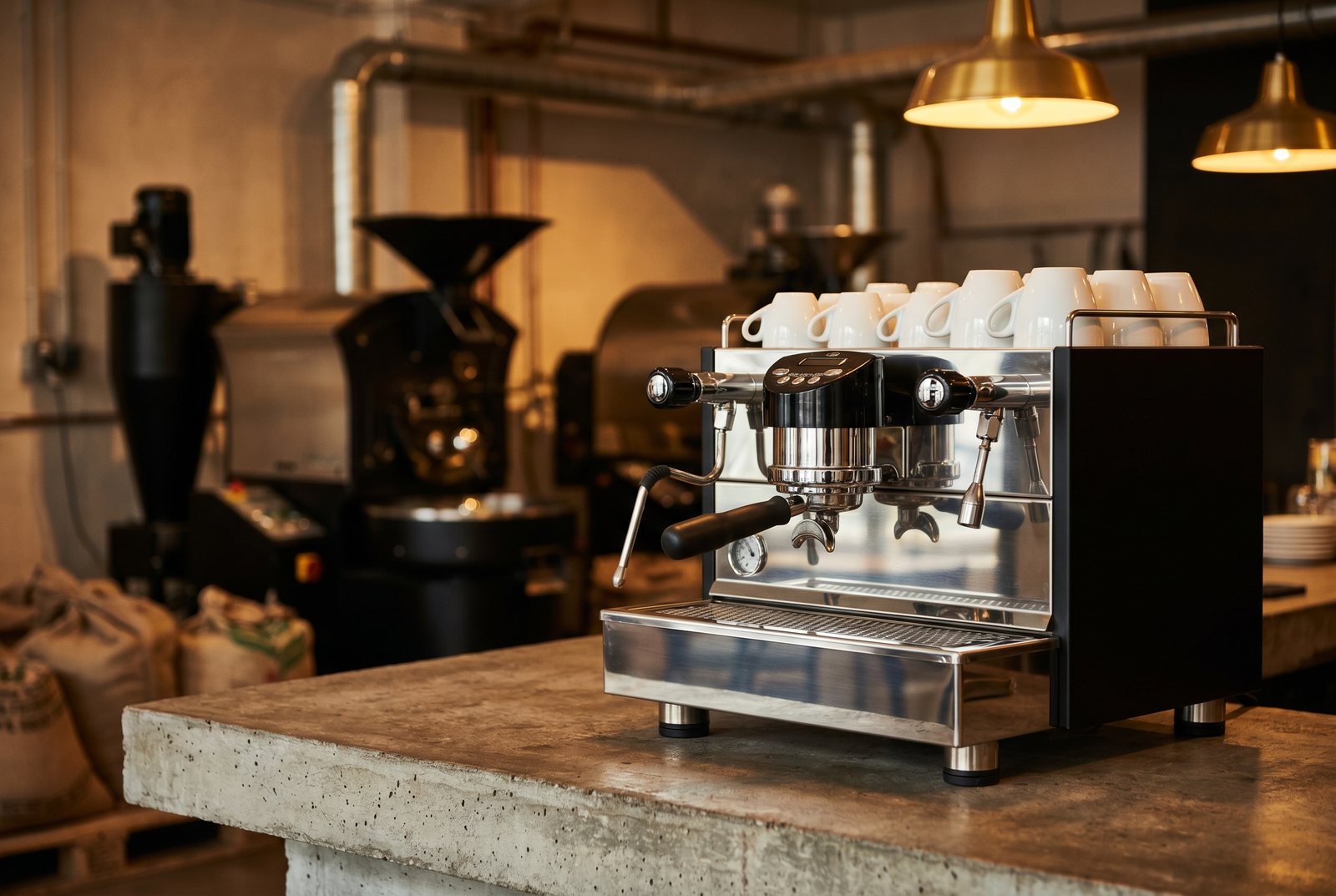 A polished espresso machine on the bar