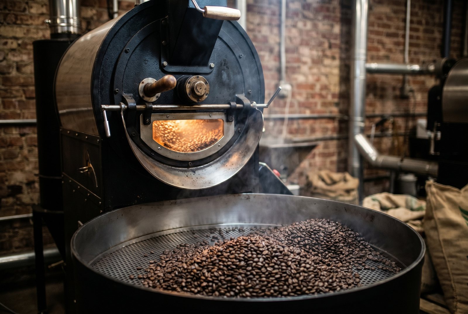 The drum coffee roaster at work