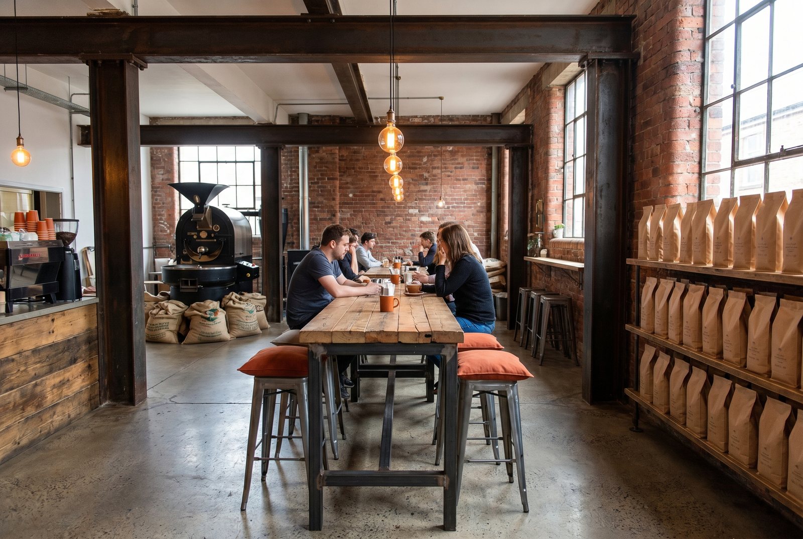 An industrial roastery cafe interior with concrete and steel