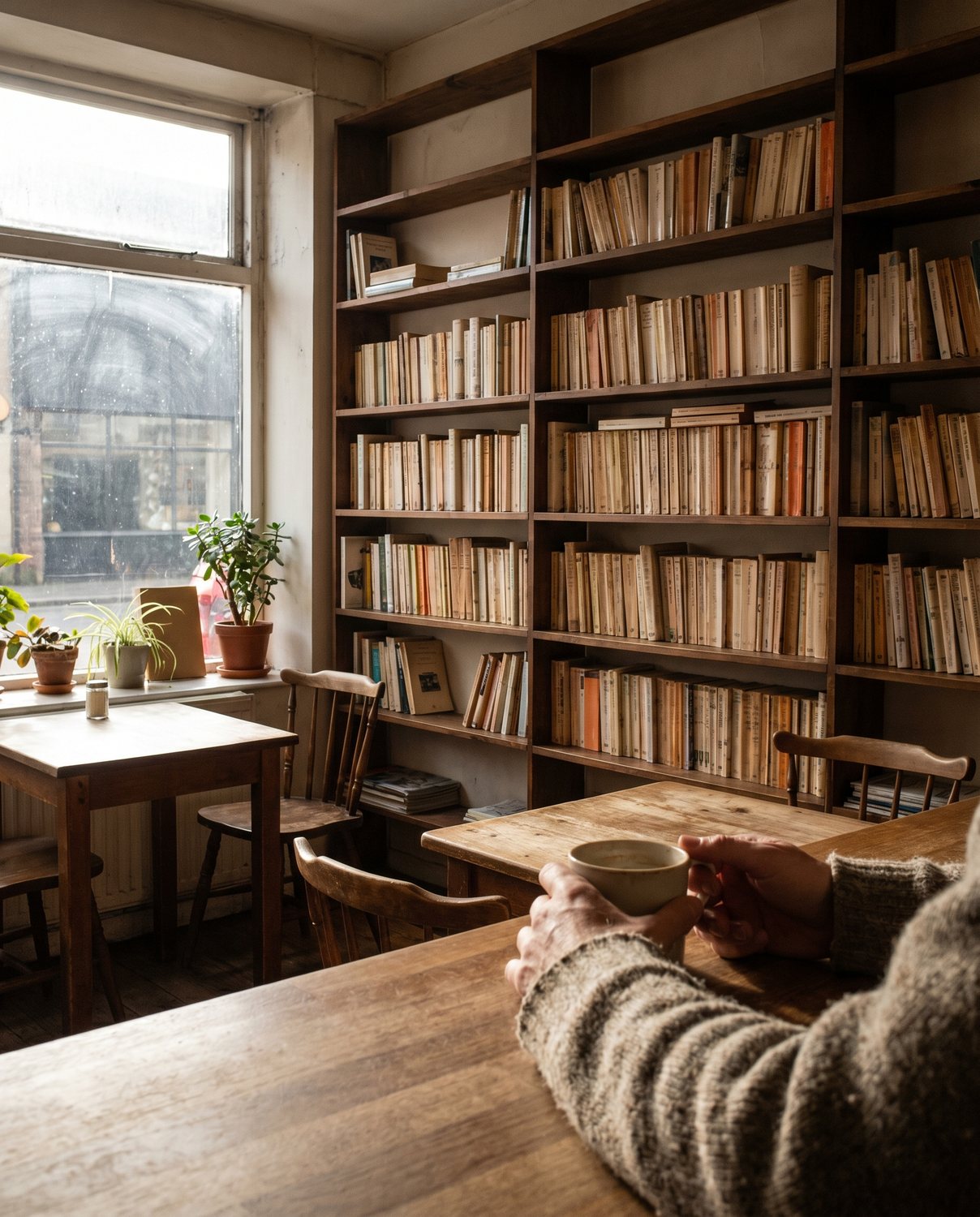 A wall of second-hand paperbacks in the back room