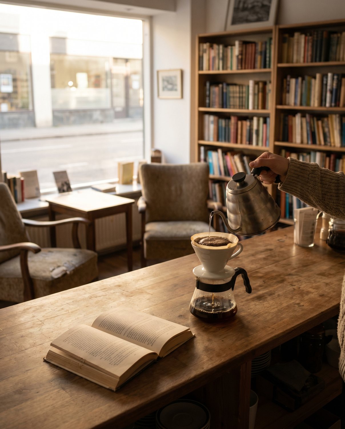 A pour-over filter coffee on a wooden counter