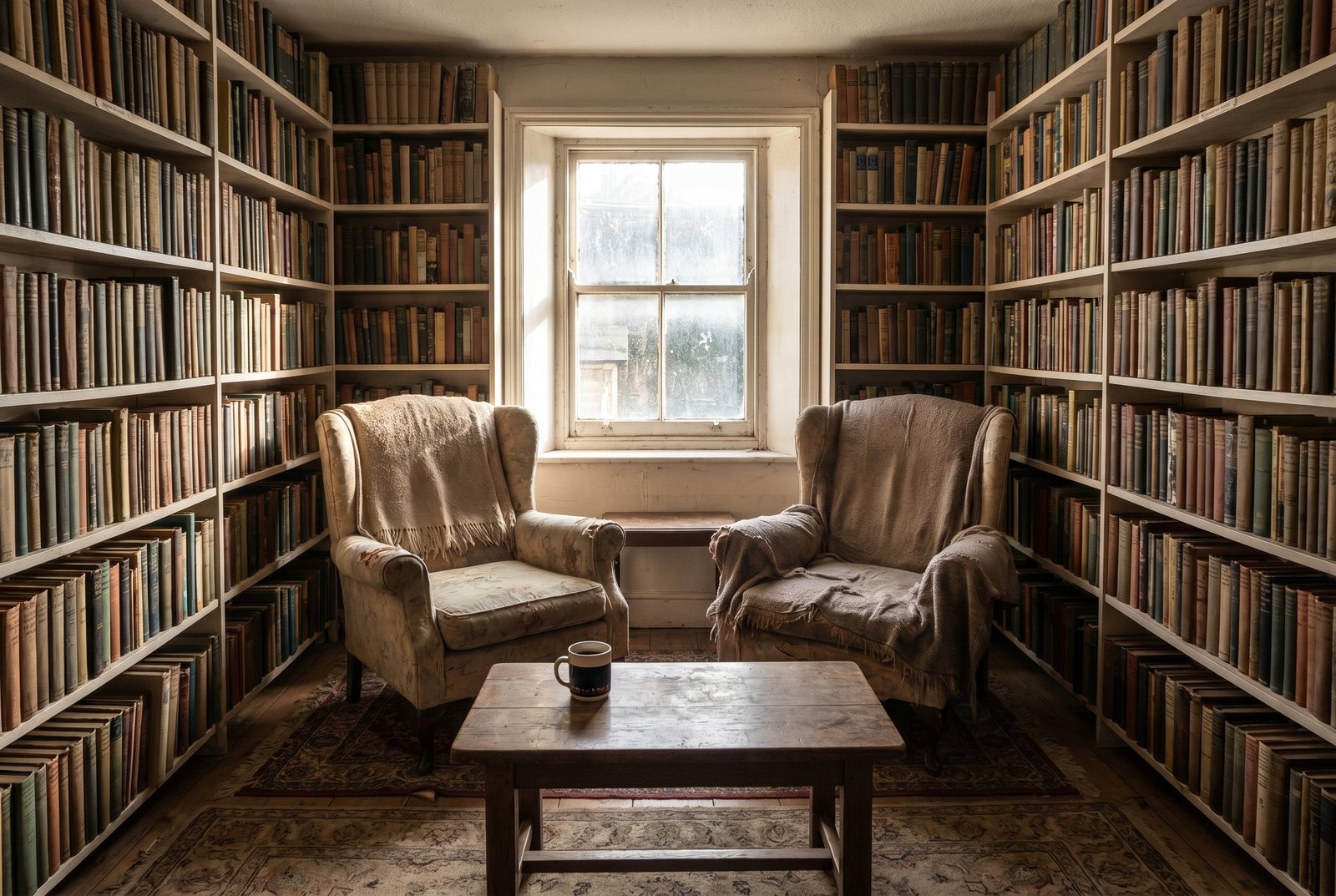 A small cafe-bookshop interior with paperbacks lining the back wall