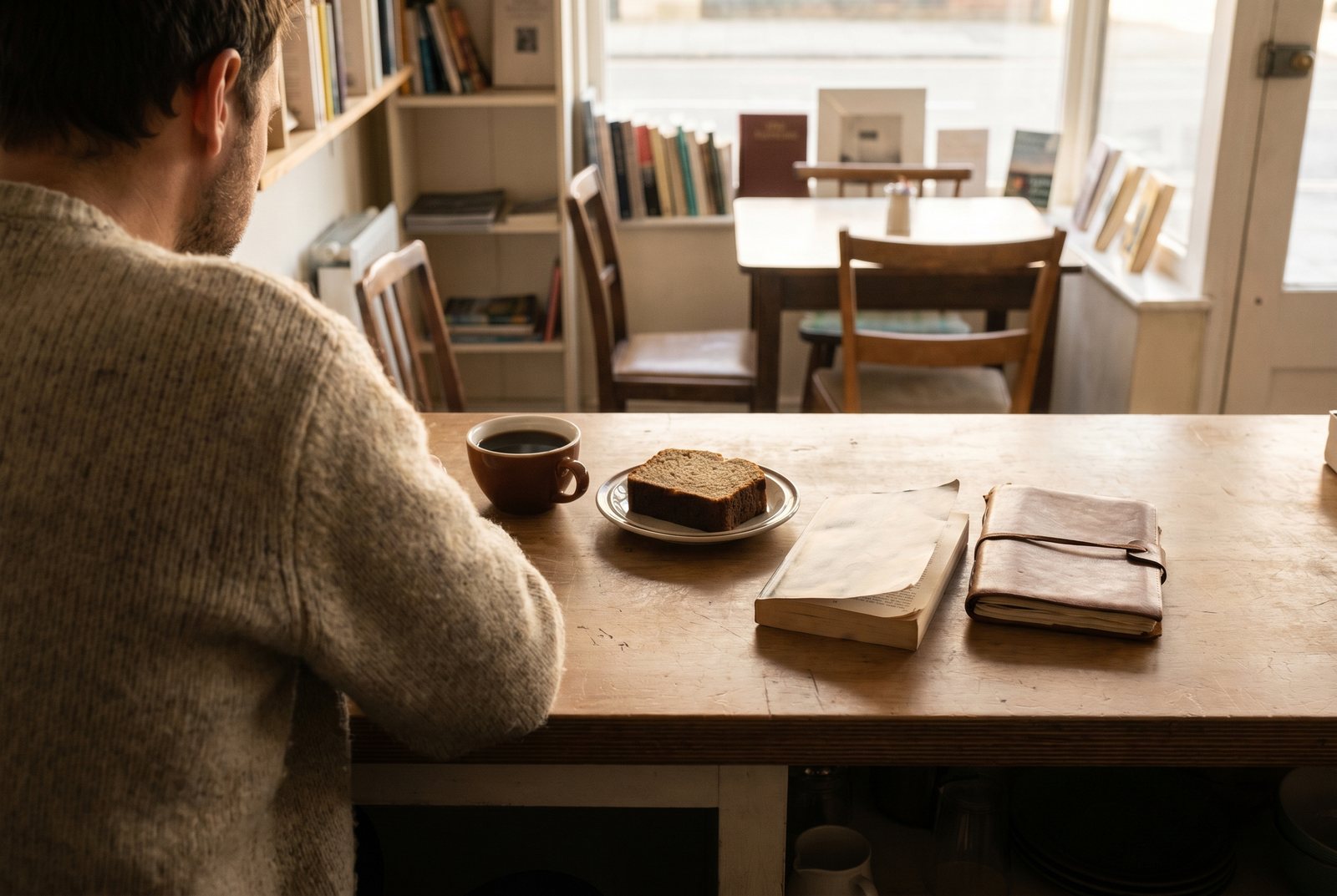 A coffee, a paperback and a slice of banana bread on a wooden counter