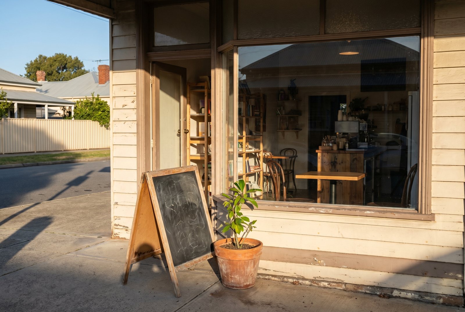 The shopfront on Eighth Avenue, plain timber and one chalk-written sign