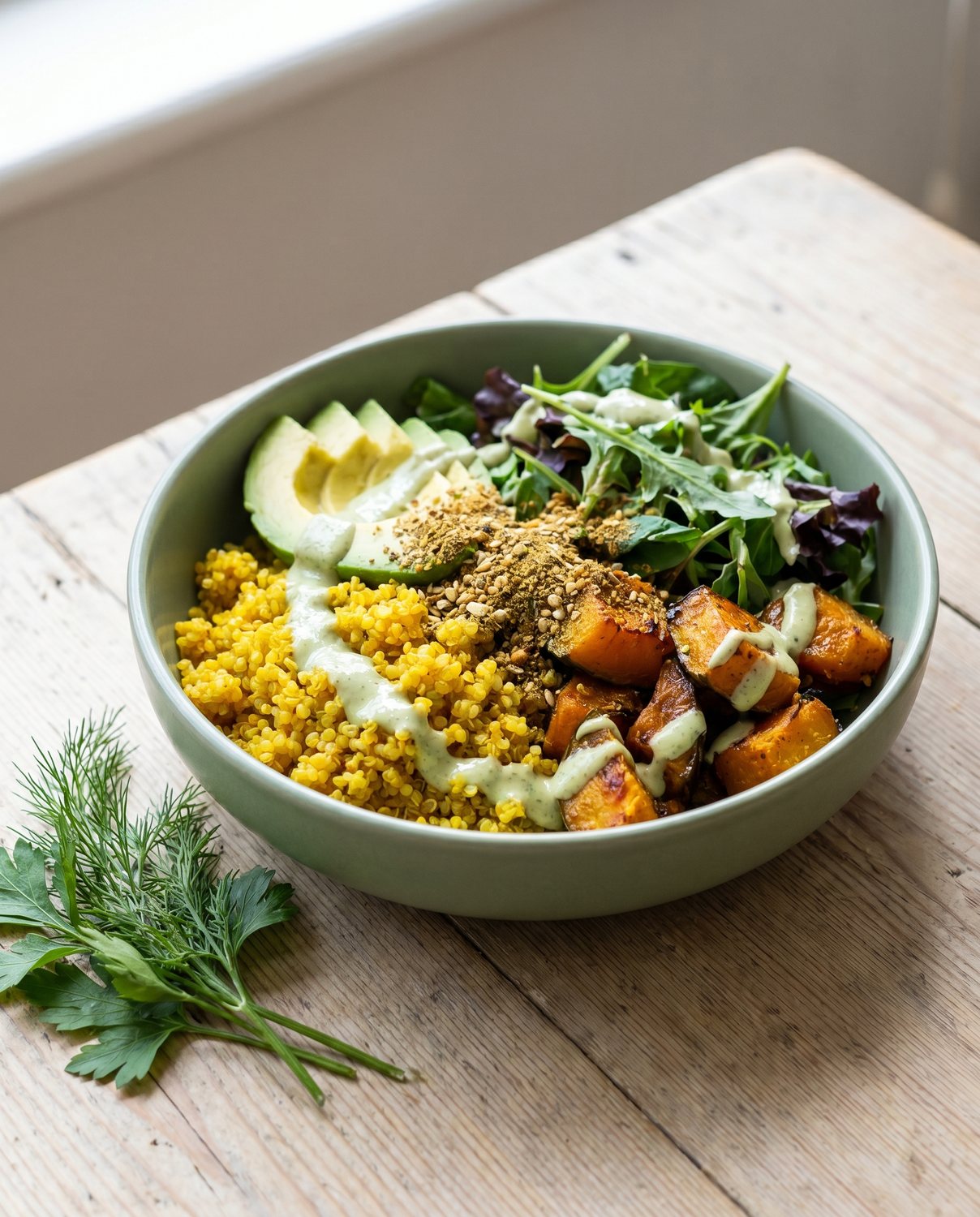 A bright green garden grain bowl with avocado, roast pumpkin and tahini