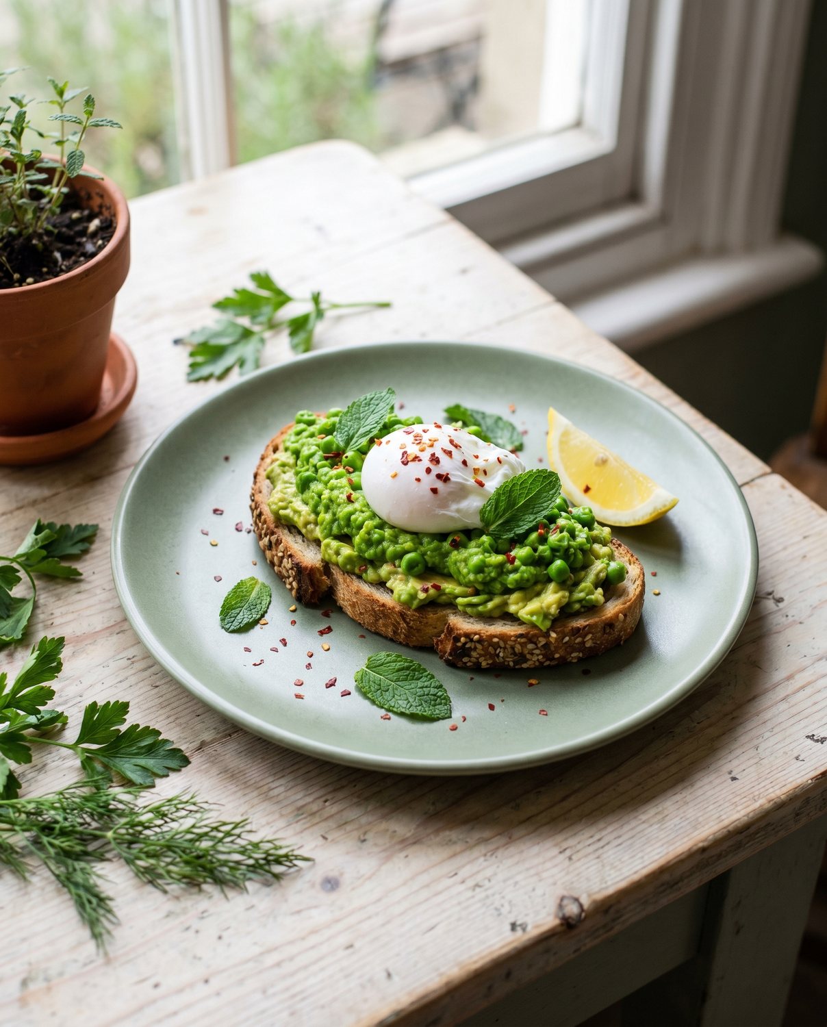 Smashed avocado and pea tartine on seeded sourdough with a poached egg