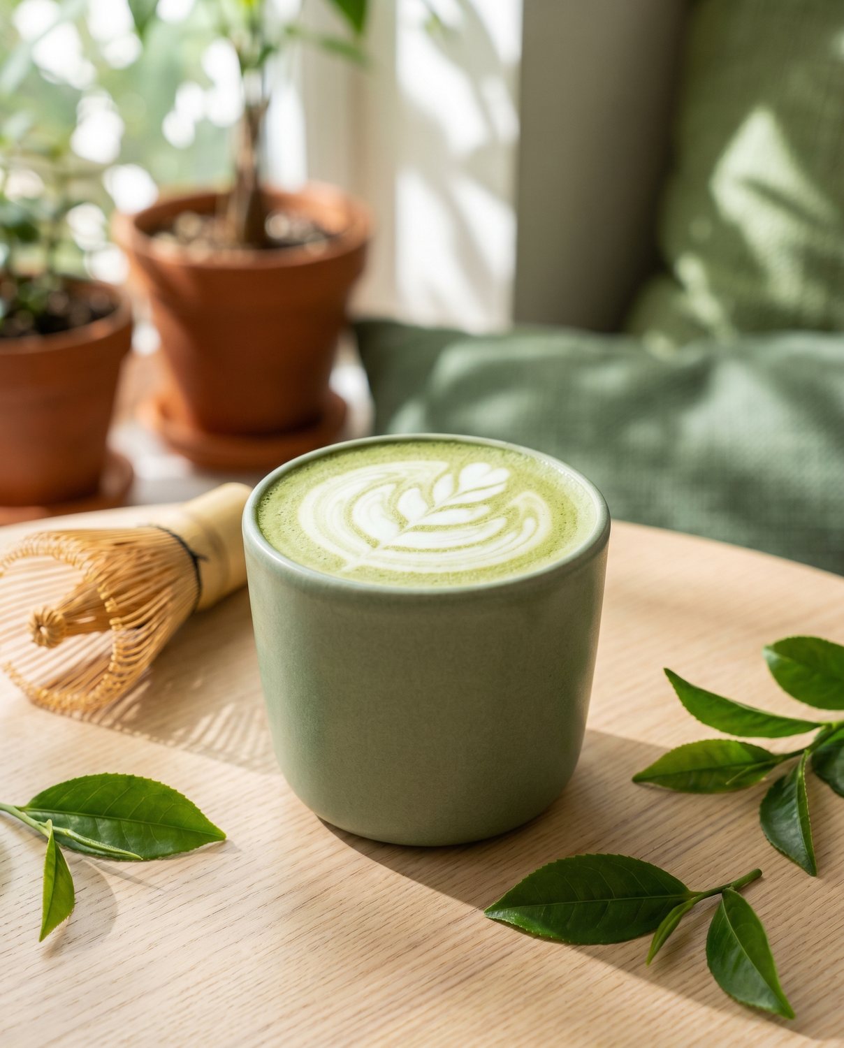 A ceremonial matcha latte with a leaf motif on a sage ceramic cup beside fresh herbs