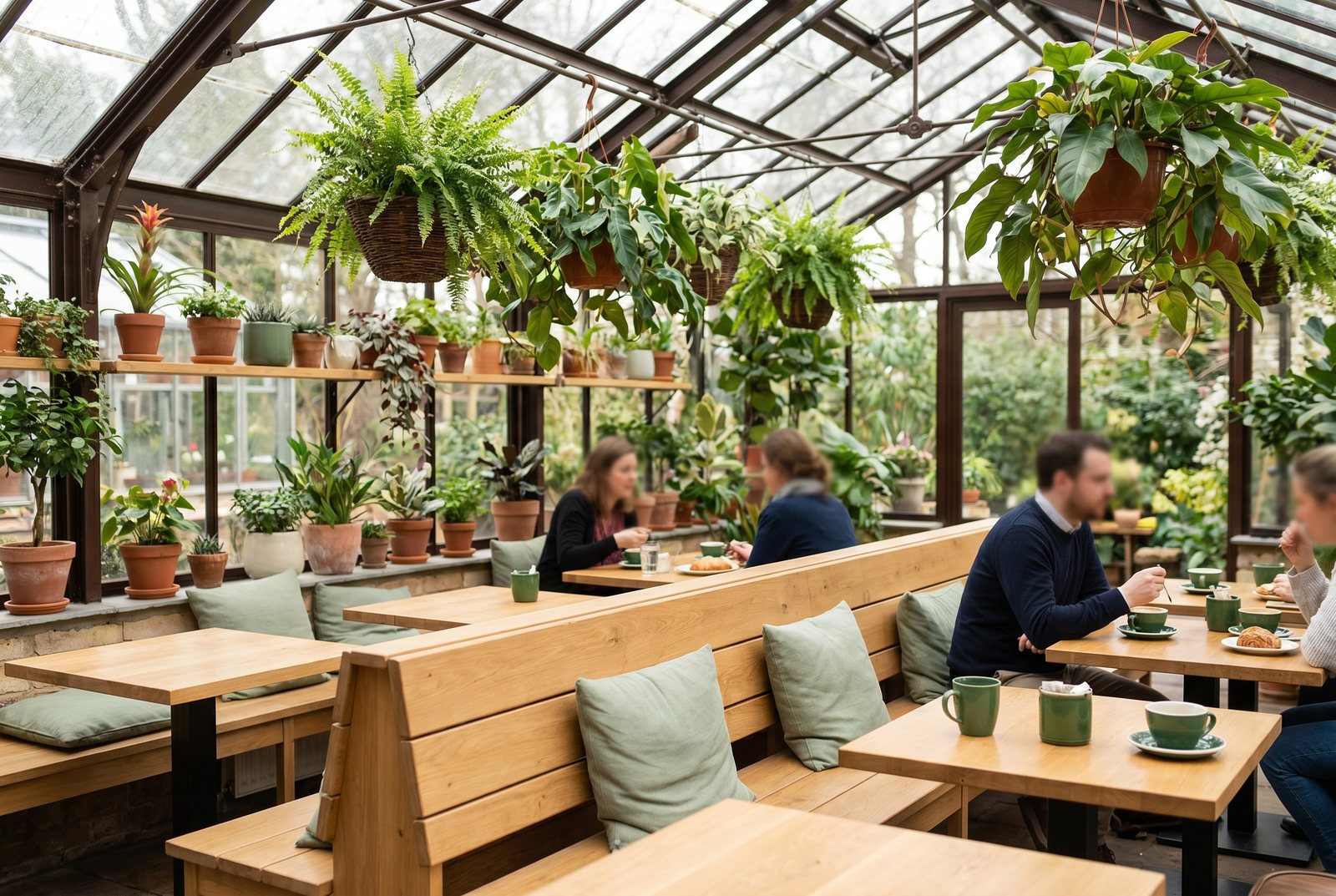 A bright glass-roofed garden cafe interior full of plants, timber and natural light
