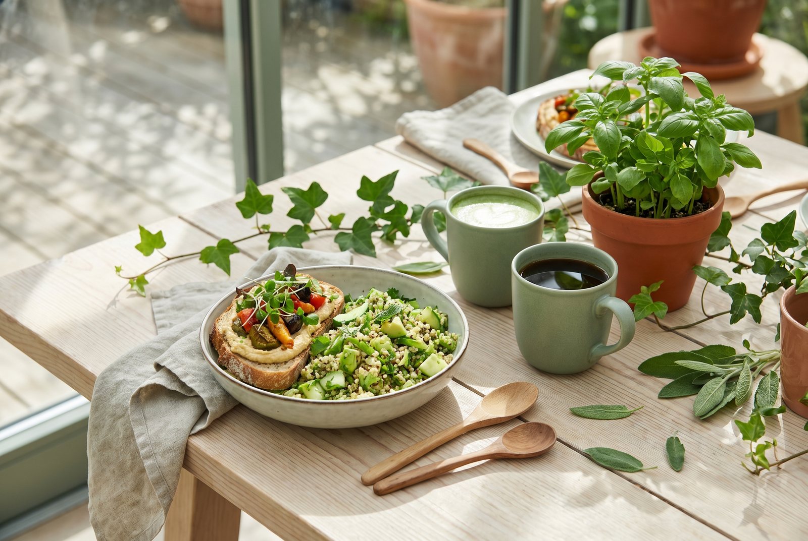 A plant-forward garden brunch spread of green bowls, tartines and coffee on a timber table with herbs