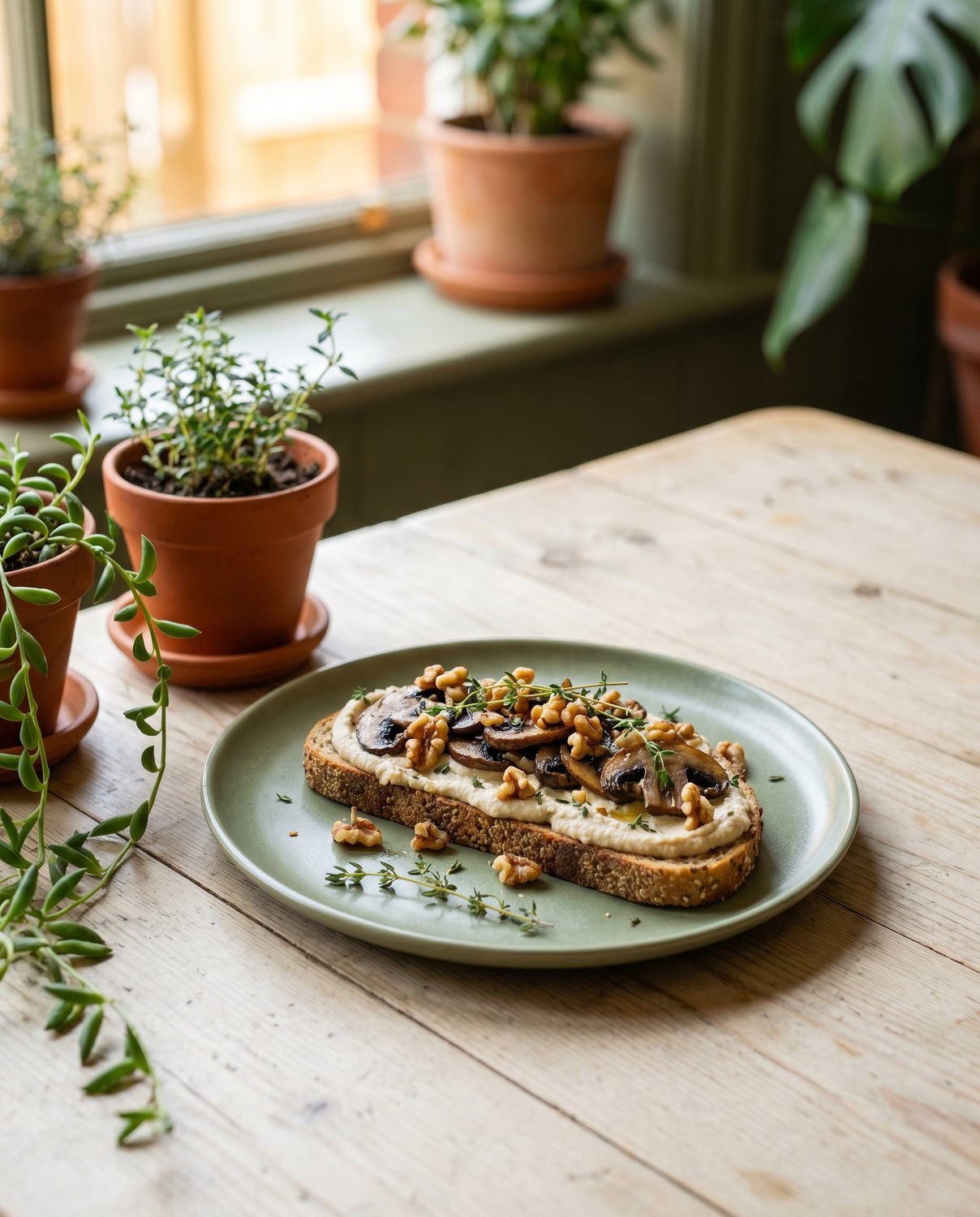 A field mushroom and thyme tartine with cashew cream and toasted walnut
