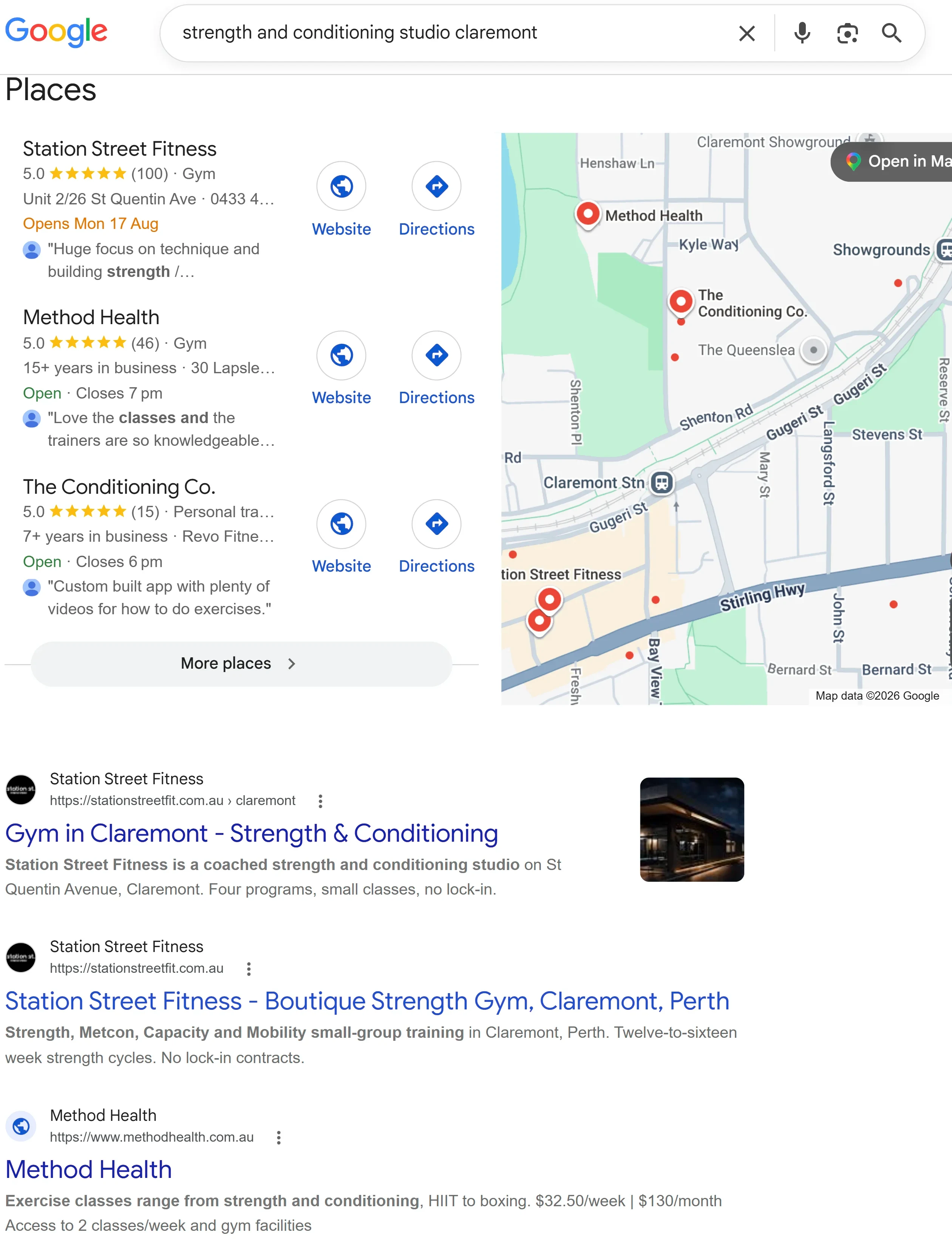 Google results for strength and conditioning studio claremont. First in the map pack, and first and second in the results.