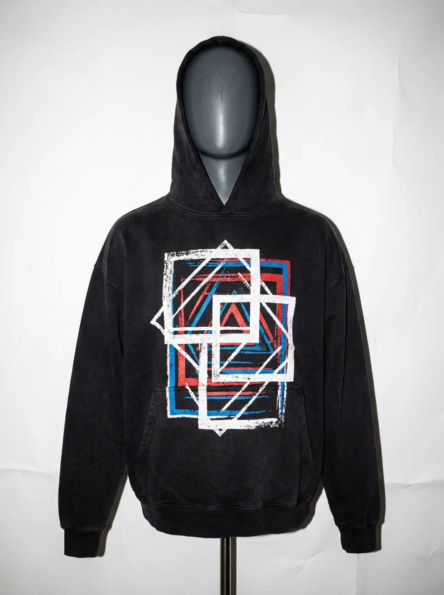 An oversized black hoodie with an abstract red, white and blue screen print, on a grey mannequin against paper white