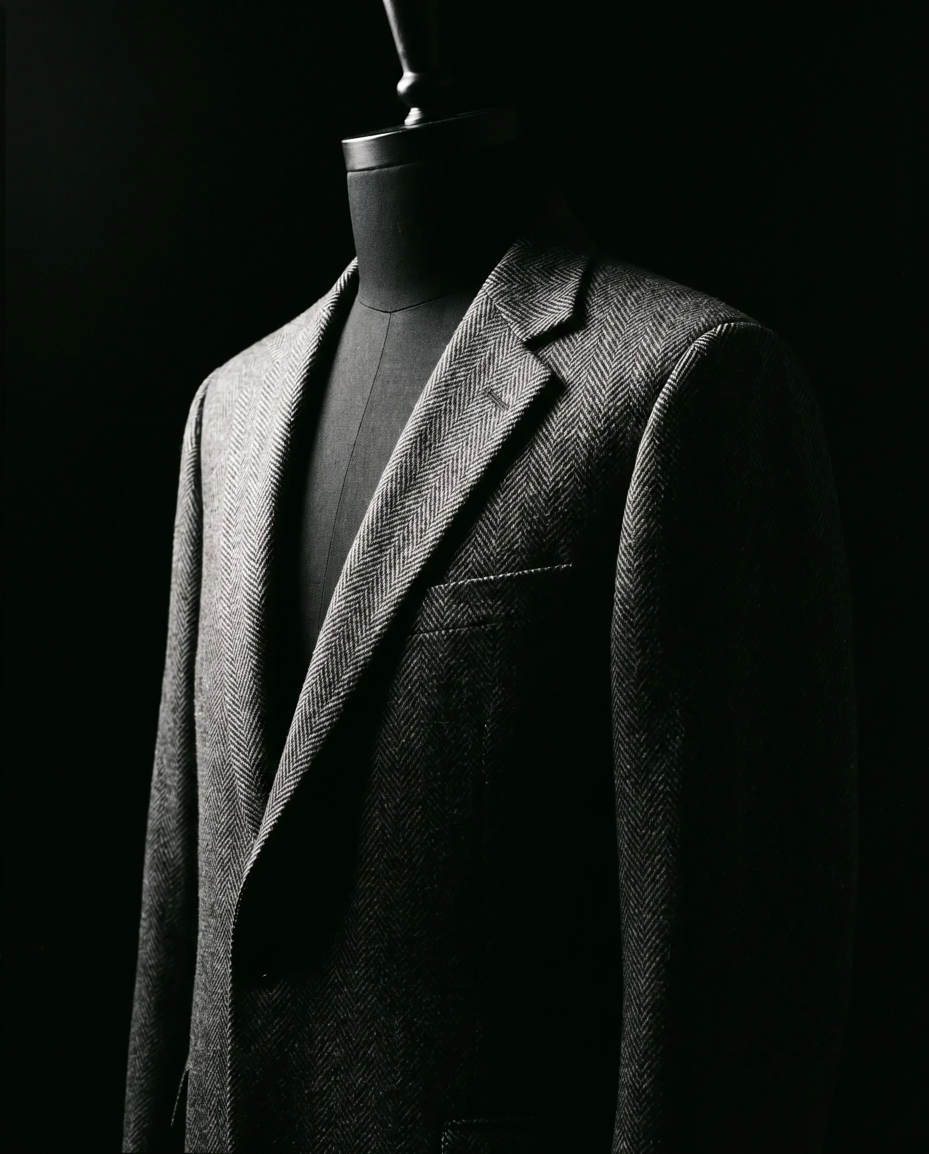 A charcoal herringbone jacket on a tailor's form, one side raked by hard light, the other falling into black