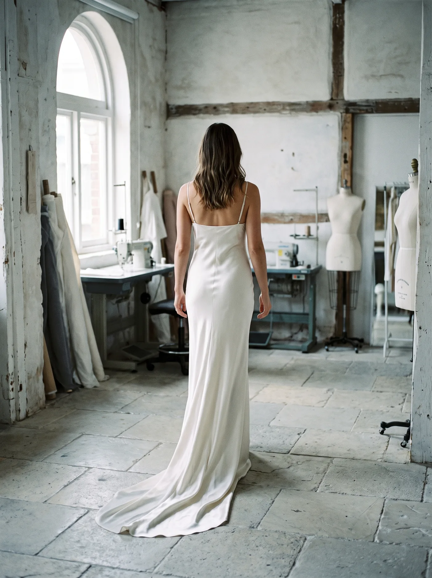 Look 02, a bias-cut slip seen from behind, mid-walk.