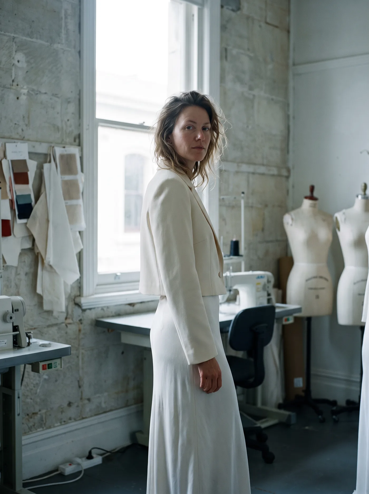 Look 04, separates comprising a cropped jacket over a column skirt.
