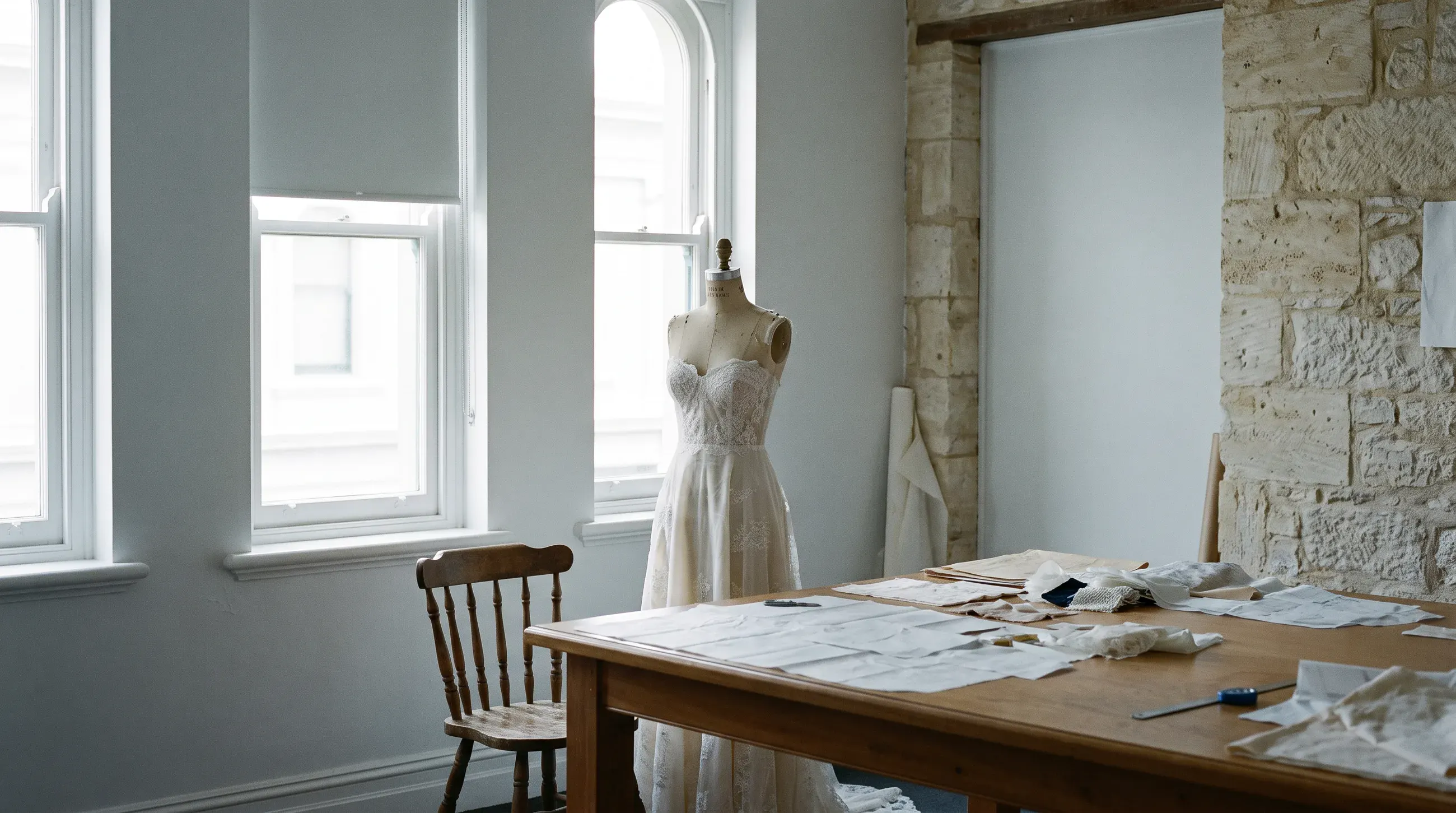 The atelier interior, with a half-finished gown on a stand and pattern paper under north light.