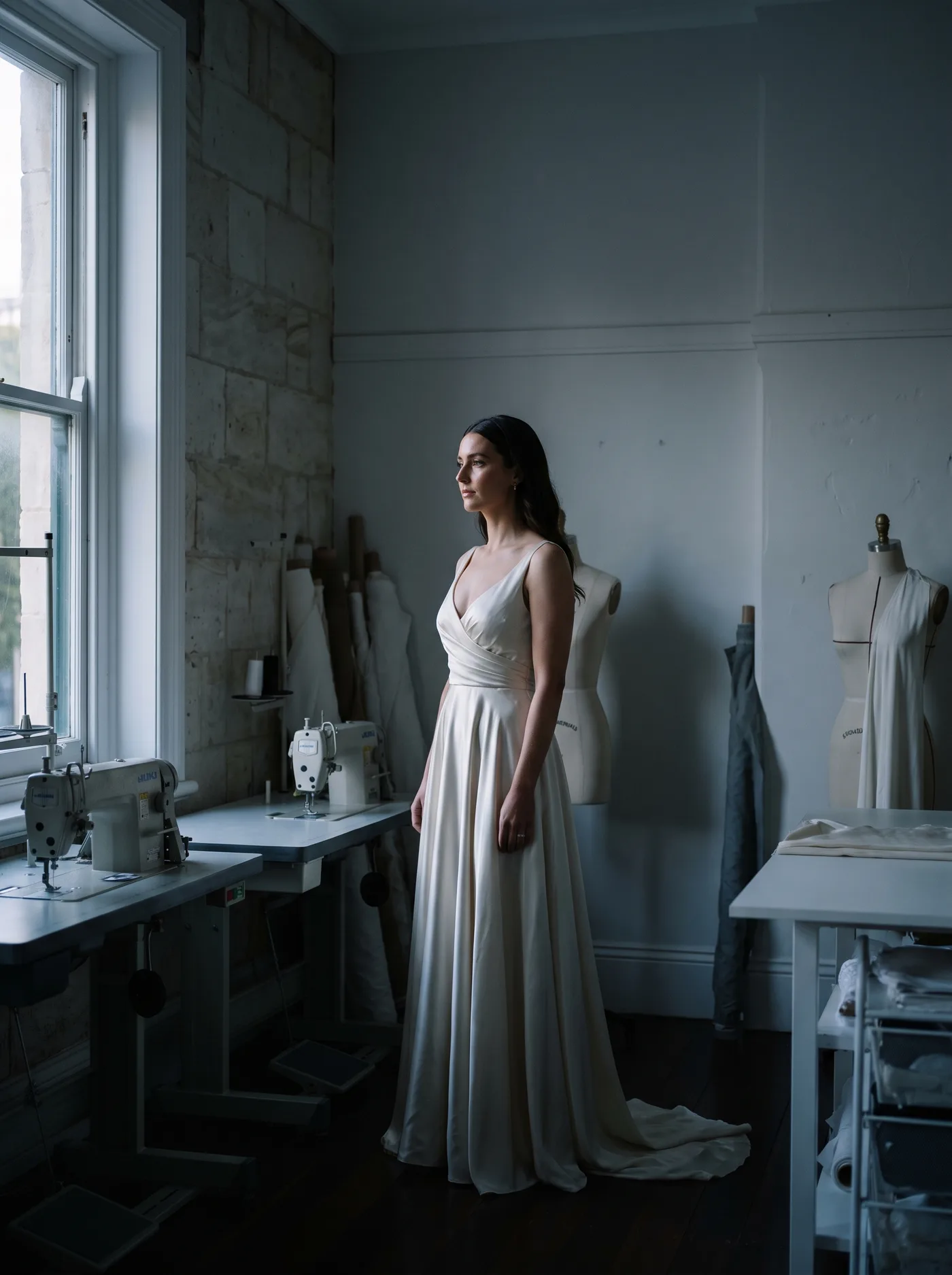 Look 05, a heavy satin gown photographed in low evening light.