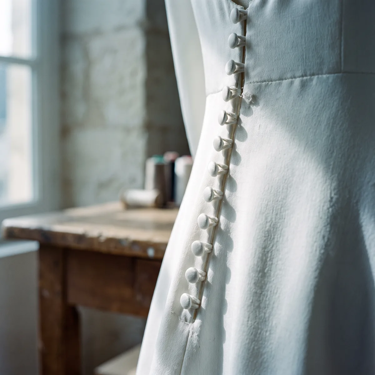 A close-up of a covered button placket in raking light.