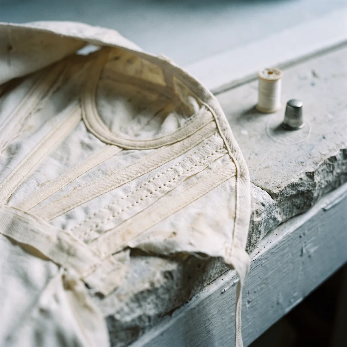 A close-up of internal corsetry showing the boning channels.