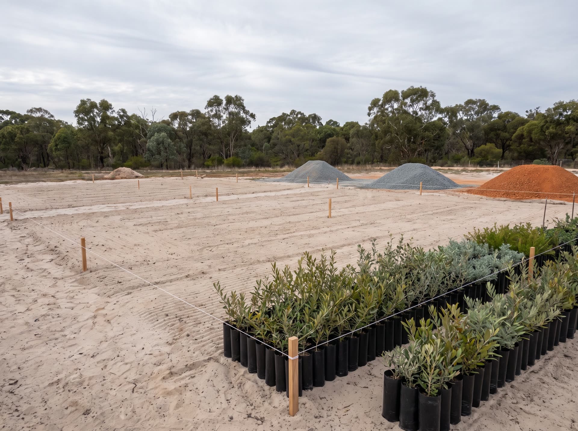 Garden setout on raked pale sand: white string lines run between timber pegs, piles of grey and orange laterite gravel wait beyond, rows of native tubestock in black nursery pots stand in the near corner, eucalypt treeline behind