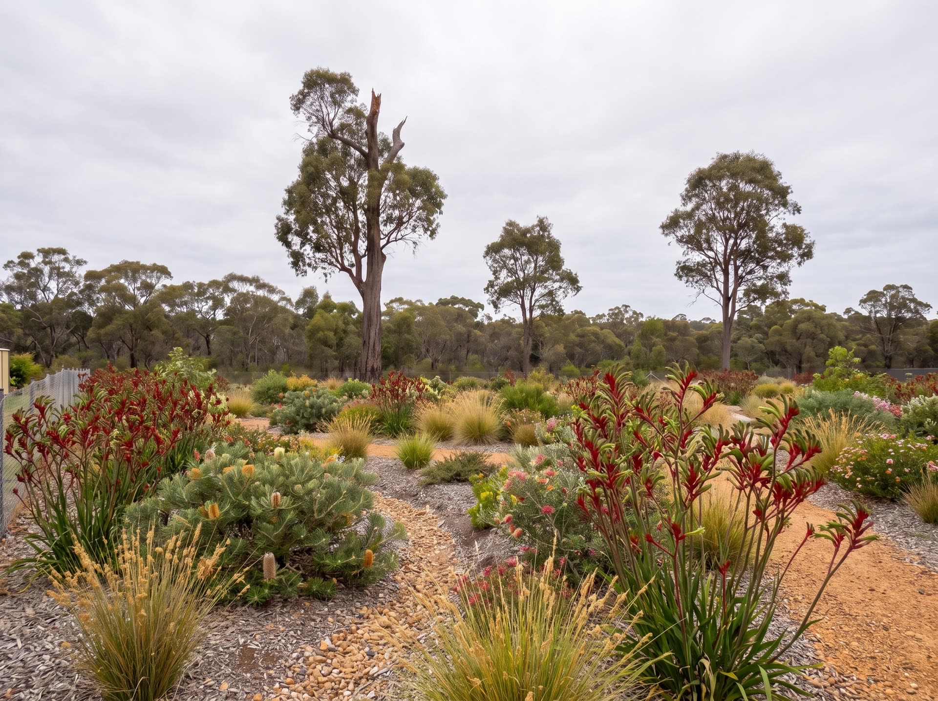 The block planted out eighteen months on: drifts of red kangaroo paw and golden kangaroo grass, young banksia and grevillea shrubs on pale gravel mulch, jarrah on the back boundary under an overcast sky