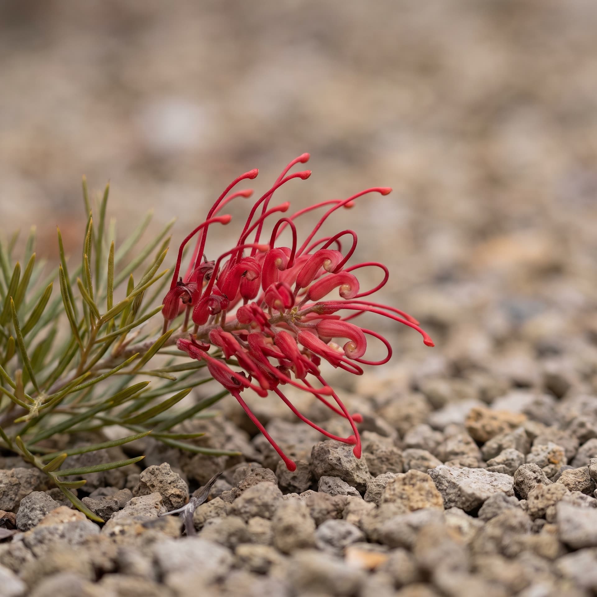 Close study of a single red Grevillea wilsonii flower, curled styles sharp against needle-like olive foliage, coarse grey-beige gravel falling out of focus behind