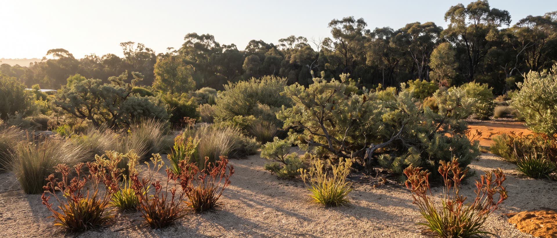 Established native garden in low morning light: drifts of rust-red kangaroo paw and speargrass across pale gravel, grey-green banksia and grevillea shrubs behind, a jarrah and marri treeline closing the horizon