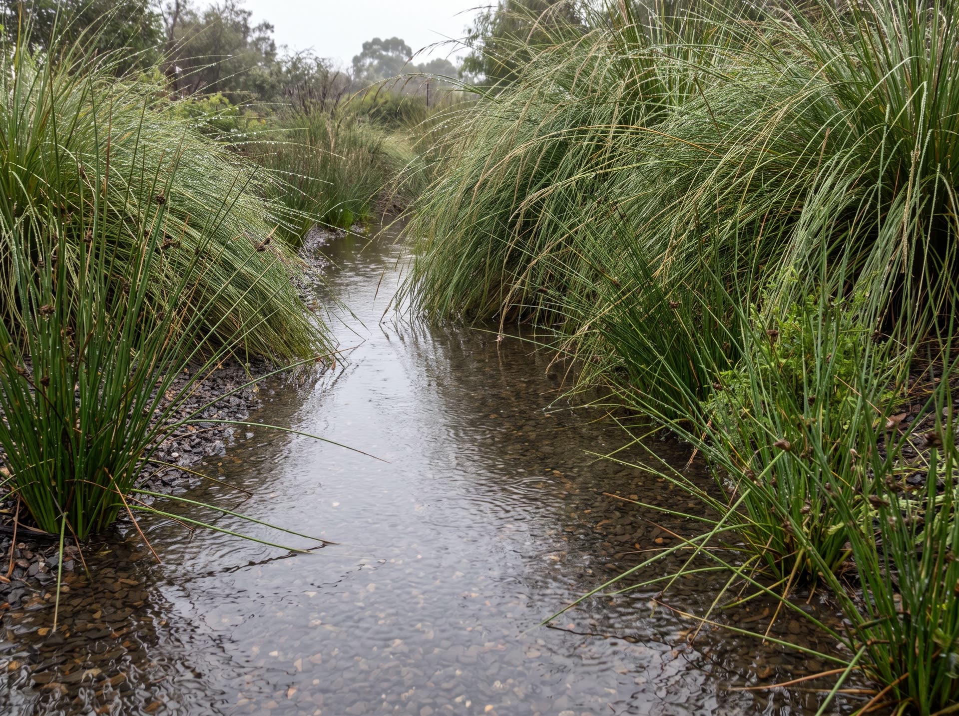 Shallow gravel swale running with clear rainwater between dense rushes and sedges, rain drops still on the foliage, under flat winter light