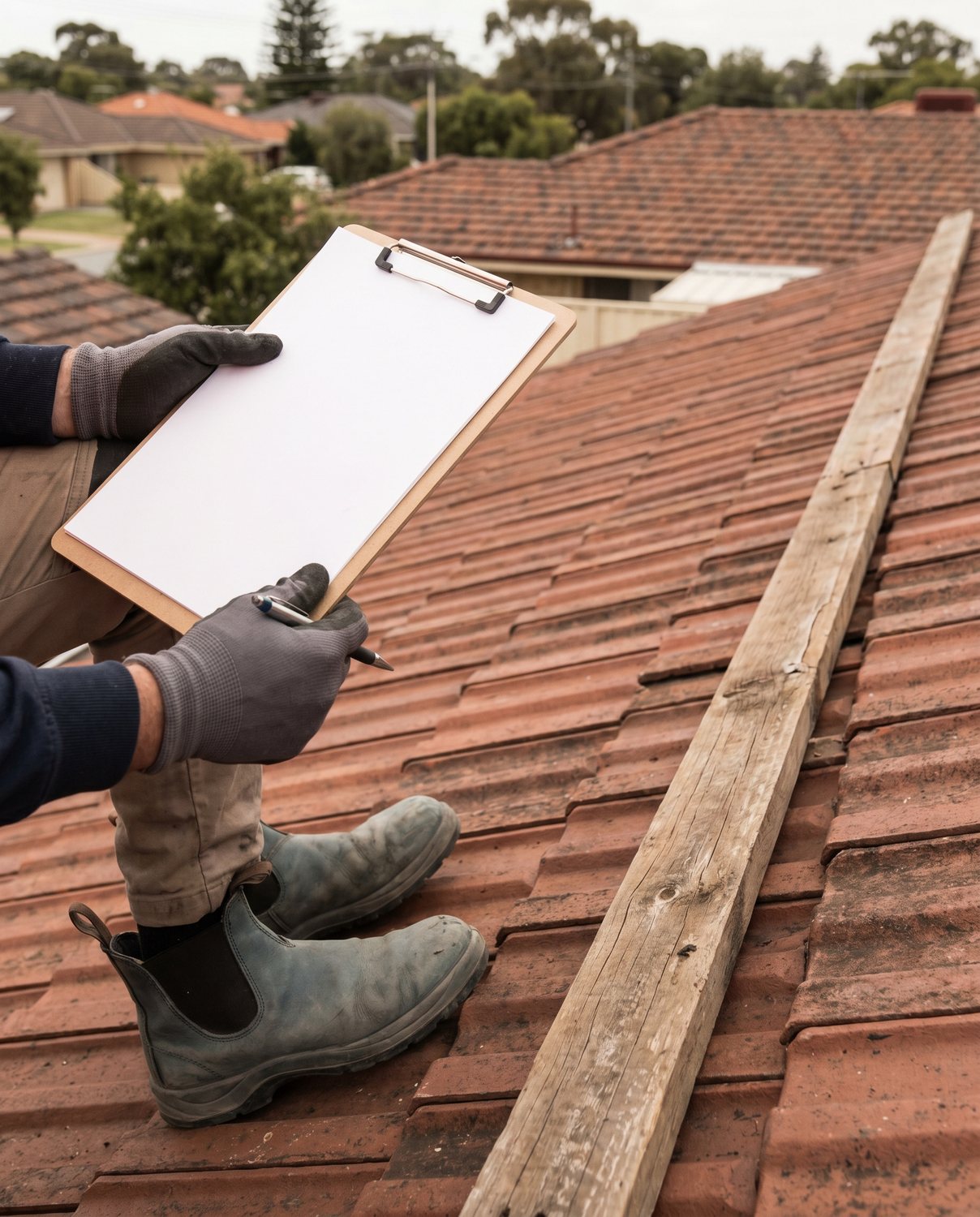 An operator walking a tile roof during an inspection