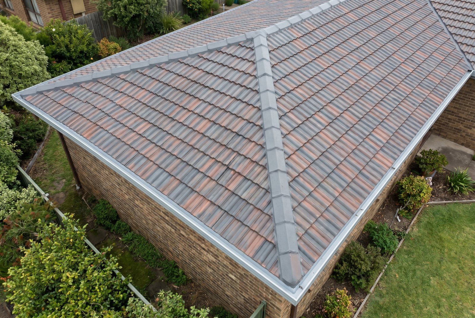 A drone view of a freshly repaired roof